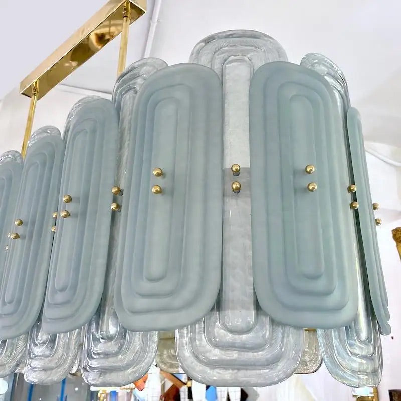 Italian Fontana Arte Style Pearl Aqua Blue Murano Glass Oval Brass Chandelier