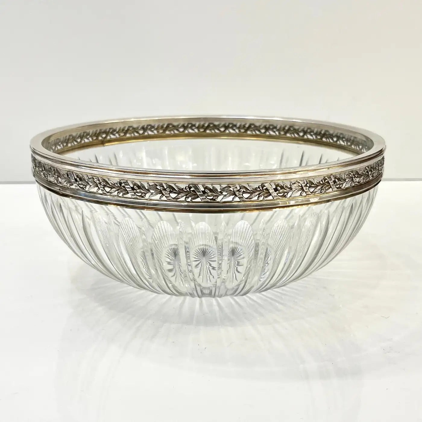 Antique French Neoclassical Foliage Decor Silver Plated Rim Cut Crystal Bowl
