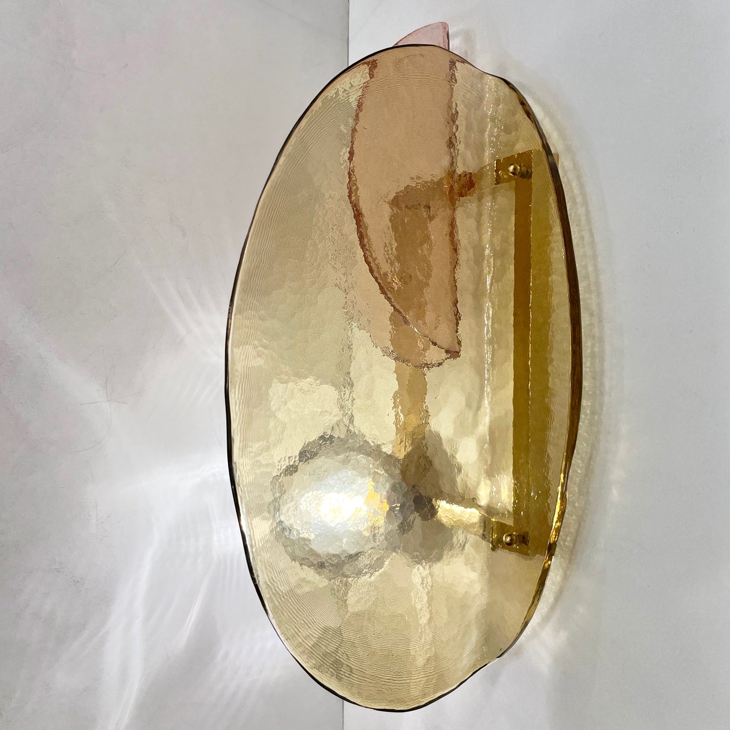 Contemporary Italian Pair of Organic Pink Amber Murano Glass Gold Brass Sconces