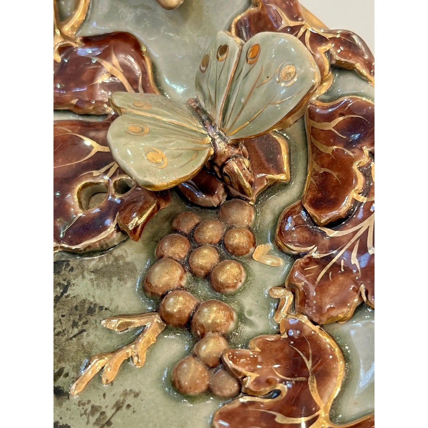 Antique Lunéville French Green Brown Gold Majolica Butterfly Wall Pocket Vase