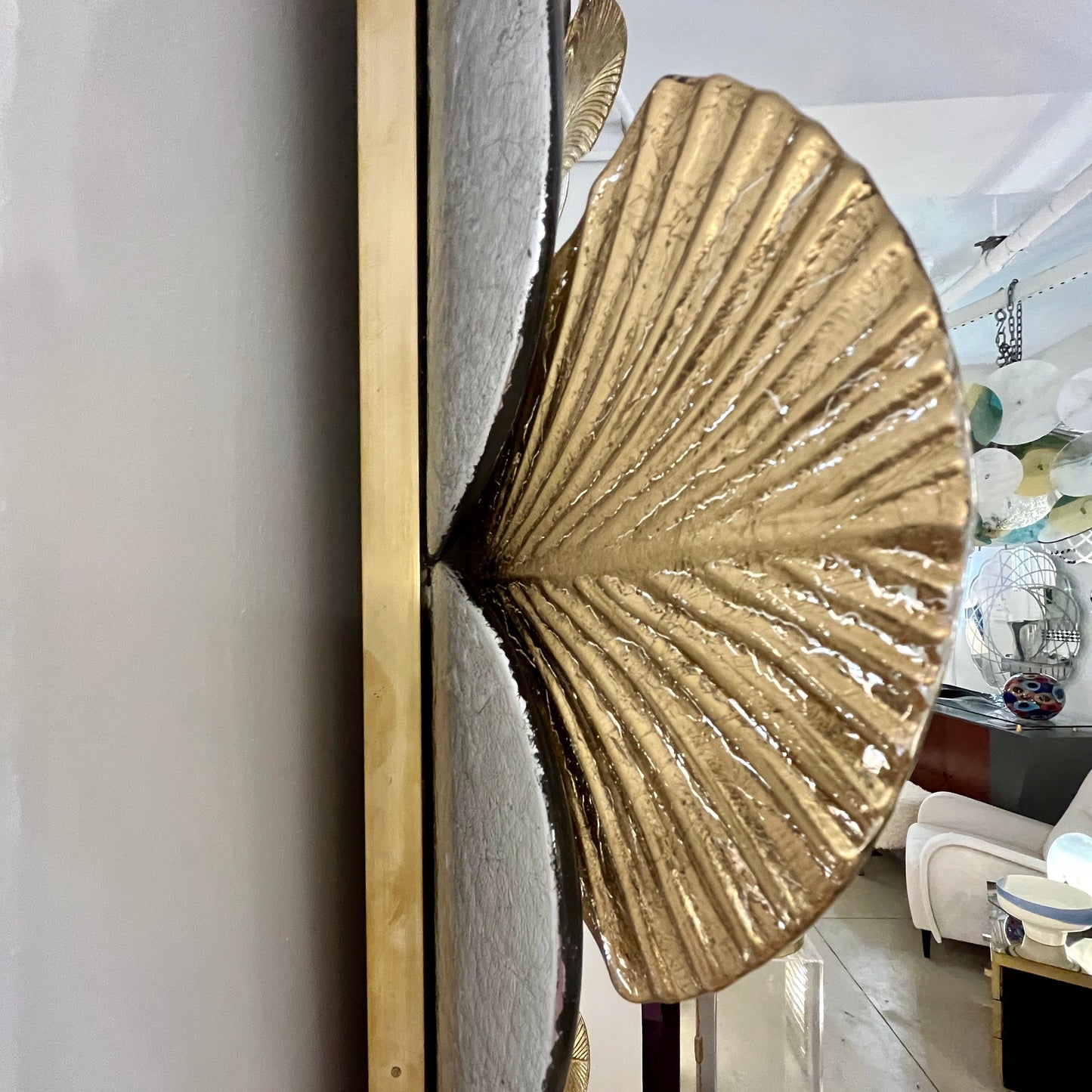 Bespoke Italian Pair of Art Deco Style Curved Leaf Murano Glass Brass Mirror