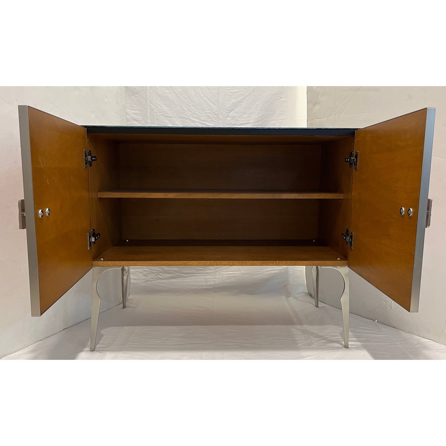 Modern Italian Custom Art Deco Style Pink Black Glass Satin Nickel Cabinet /Bar