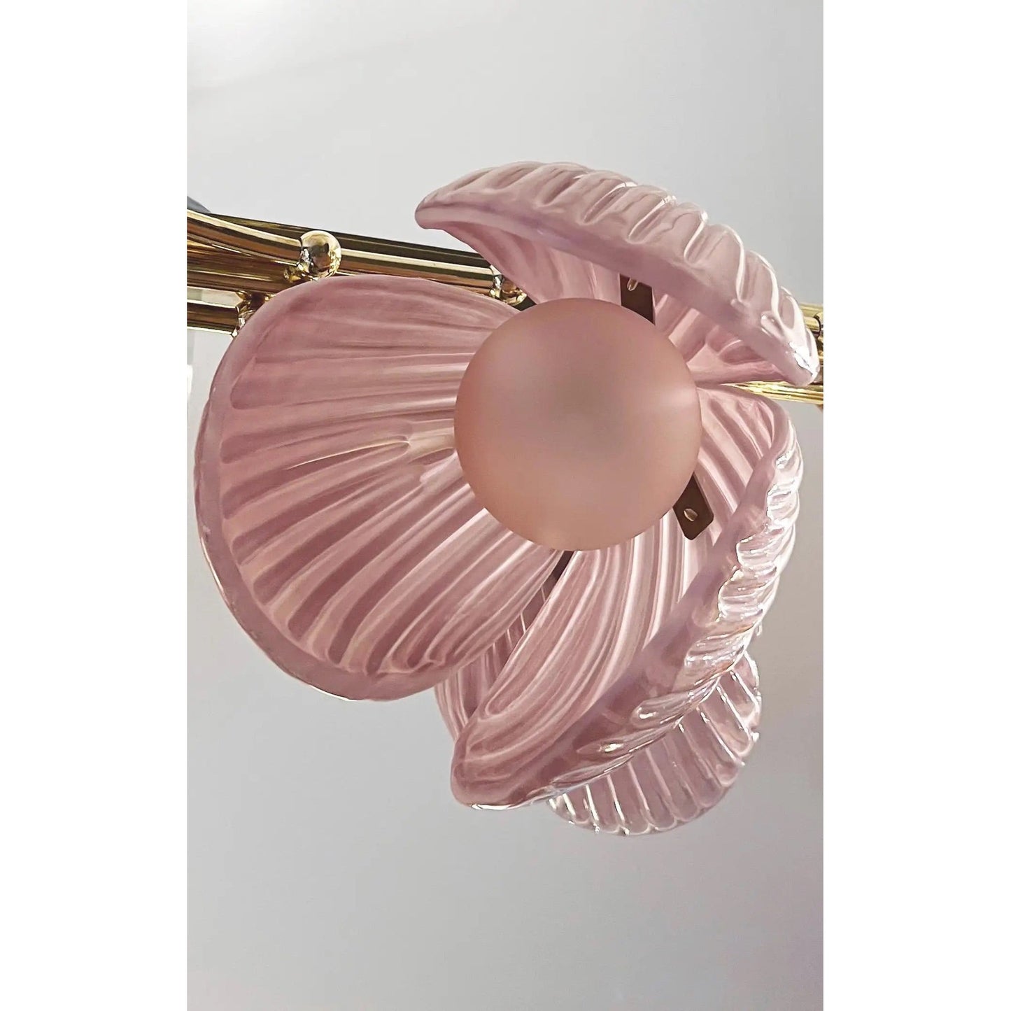 Modern Italian Pink Murano Glass Tulip Flower 8 Branch Airy Brass Chandelier