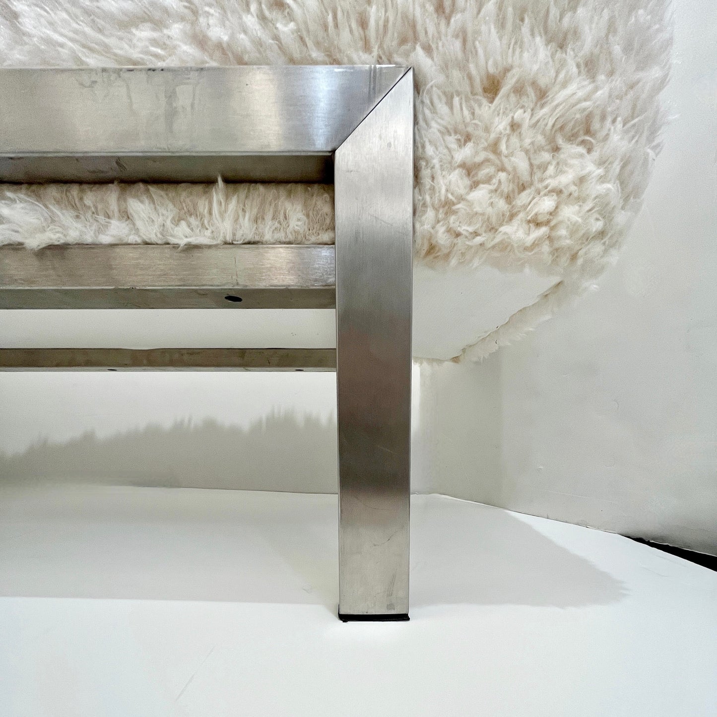 1970 Italian Vintage White Himalayan Faux Fur Steel Bed Stool Bench