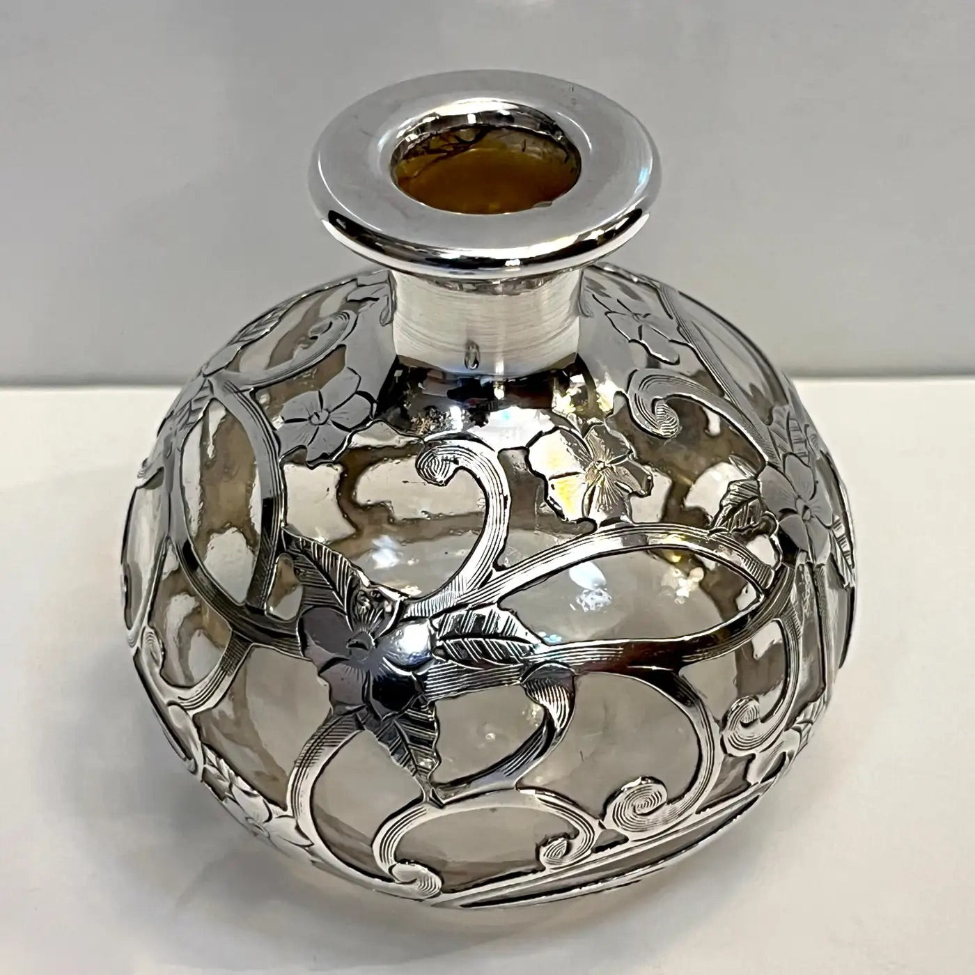 French Art Deco Sterling Silver Flower Overlay Crystal Glass Perfume Bottle