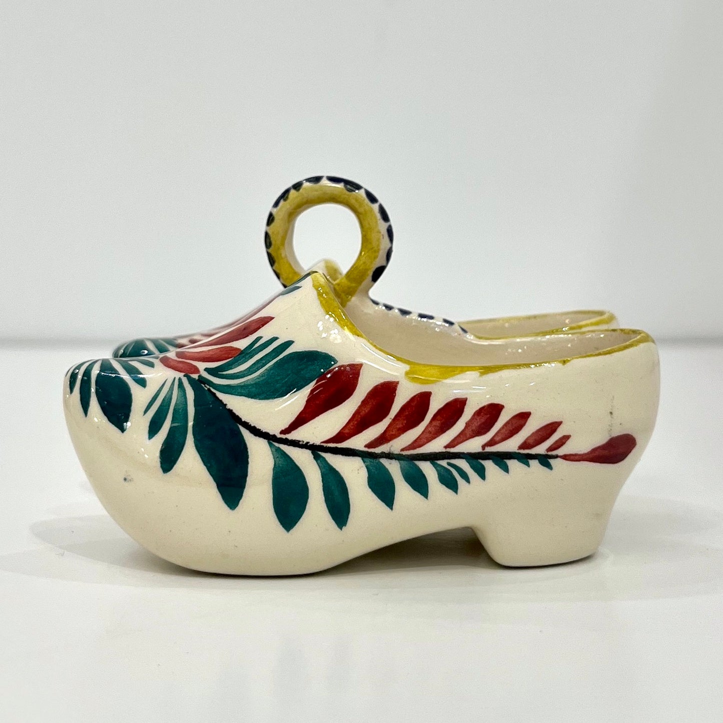 Vintage French HB Majolica Pottery Red Green Cream Clogs Salt & Pepper Holder