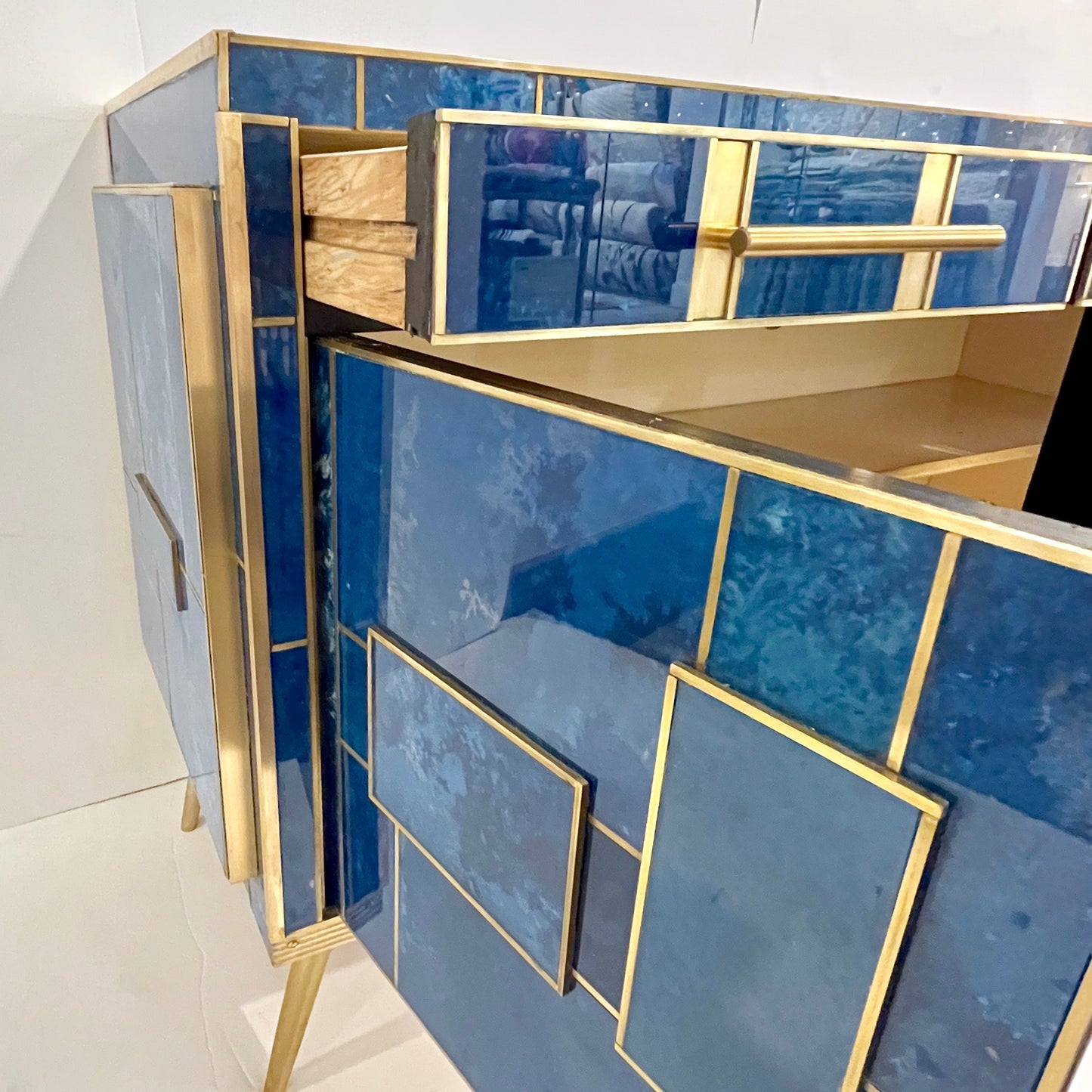 1980s Italian Post Modern Vintage Blue Black Brass 3-Door 3-Drawer Cabinet