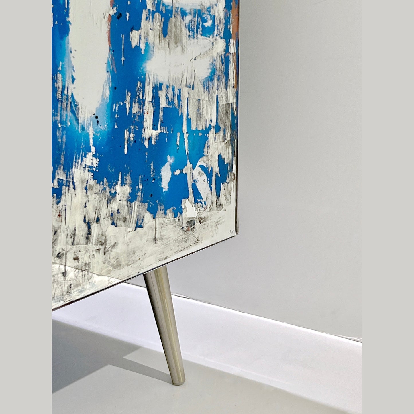 Italian Post Modern Abstract Art Blue Brown Satin Nickel Finish Mirror Cabinet