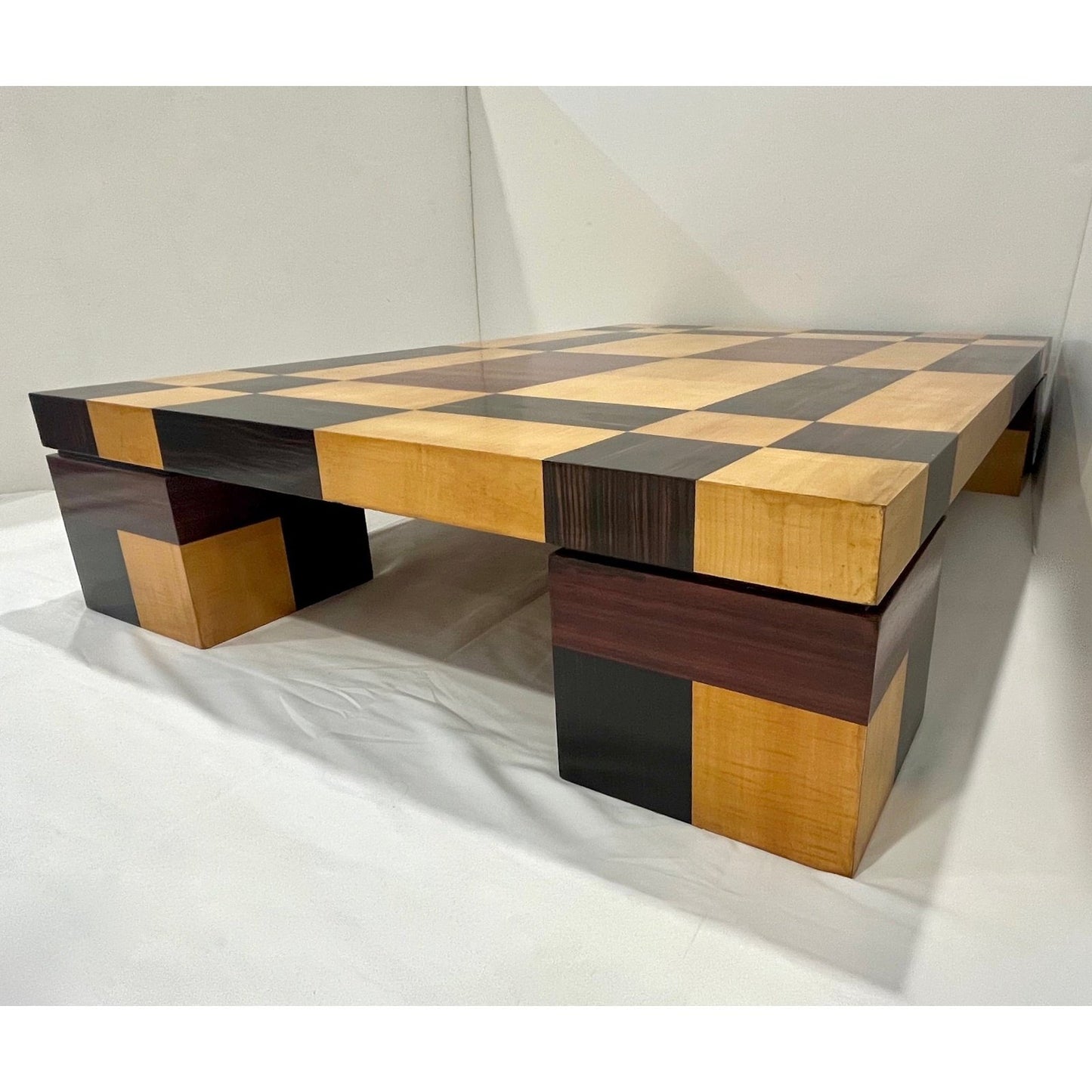 1970s Italian Vintage Walnut Cherrywood Maple Geometric Center Coffee Table