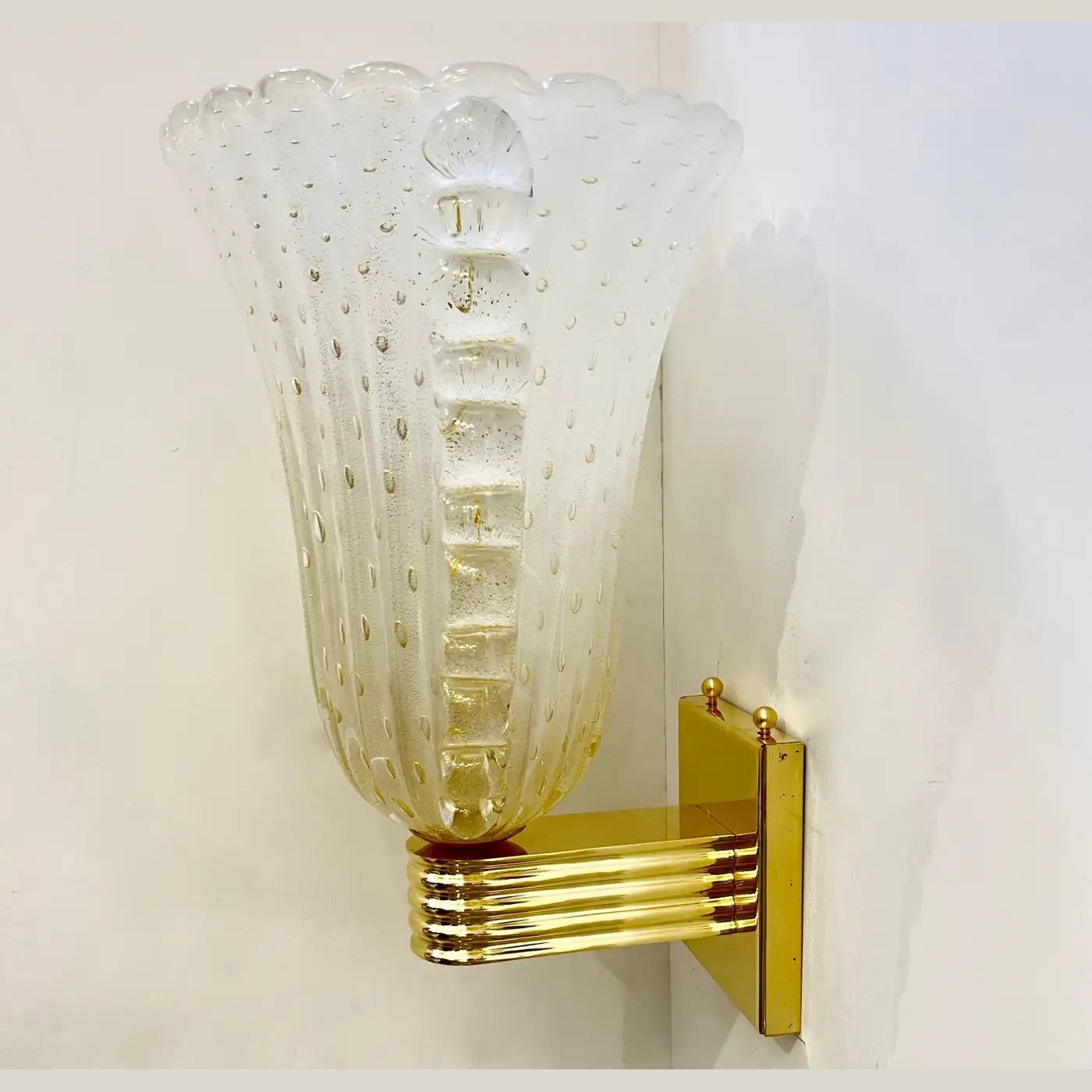 Contemporary Italian Art Deco Design Gold Leaf Frosted Murano Glass Bowl Sconces