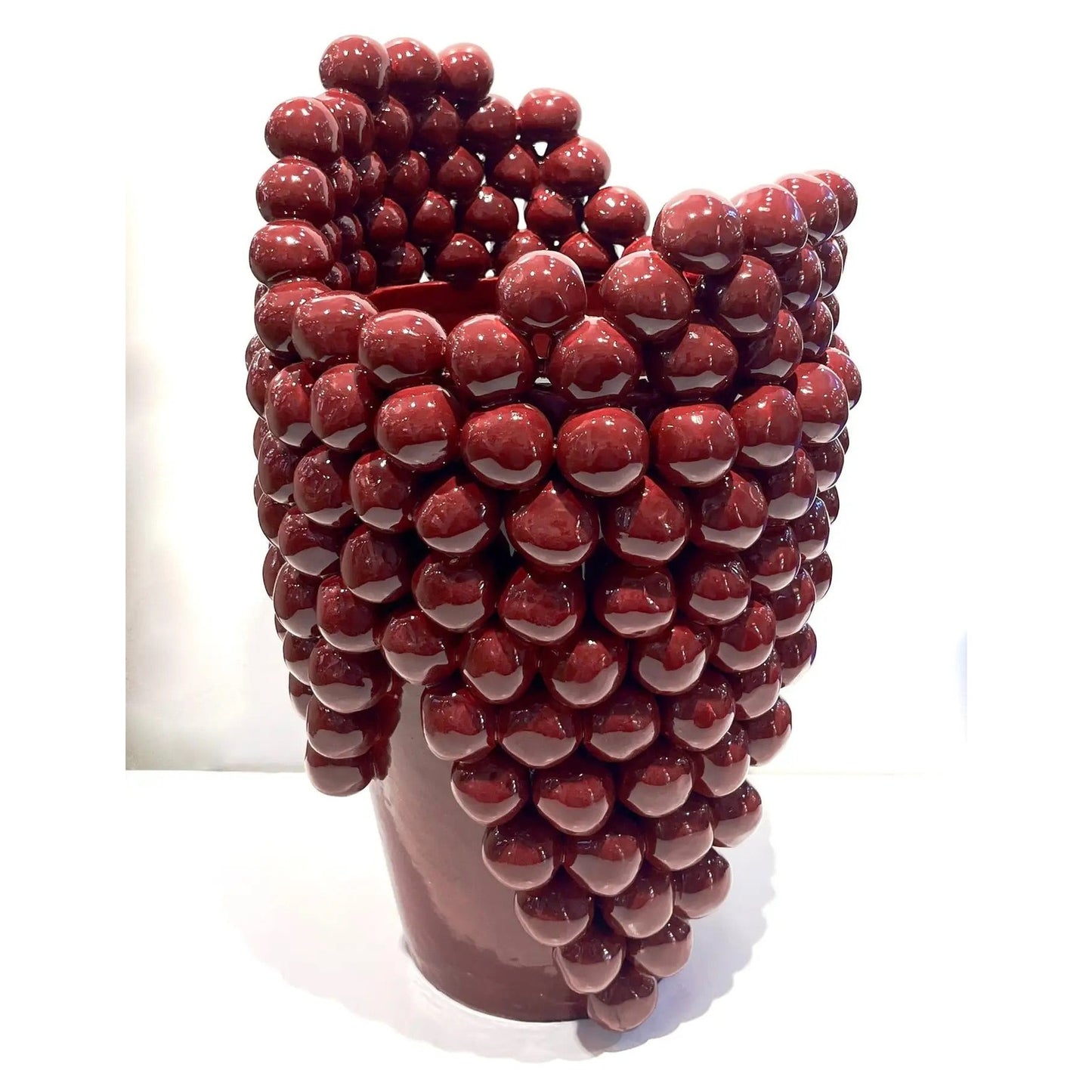 Post-Modern Italian Pair Sculptural Ceramic Dark Wine Vases with Grapevine Decor