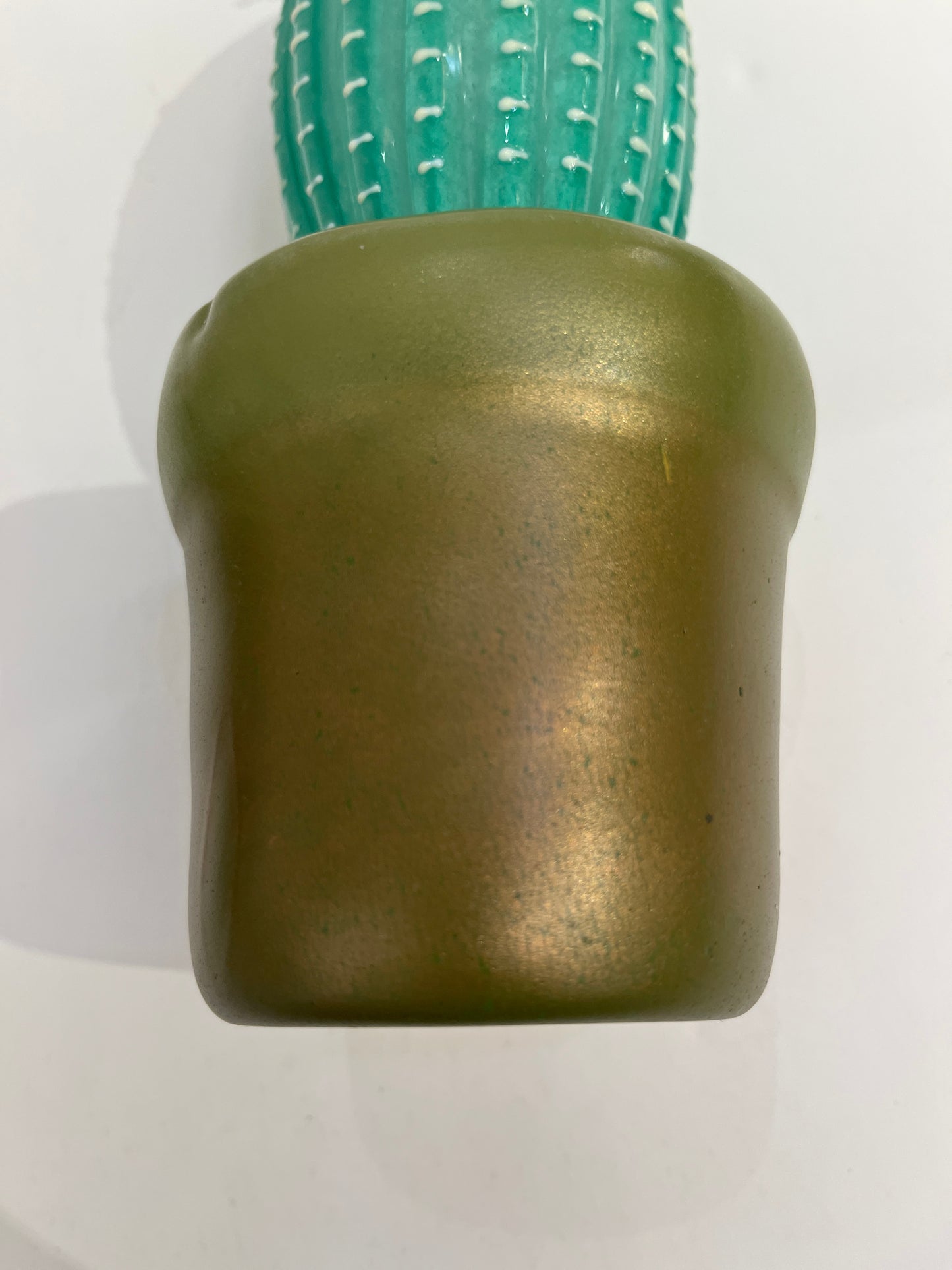 2000s Italian Moss Green Gold Murano Art Glass Cactus Plant with White Flower