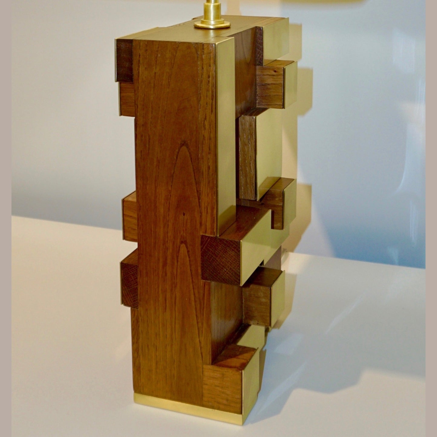 Contemporary Italian Architectural Pair Stepped Wood Brass Organic Urban Lamps