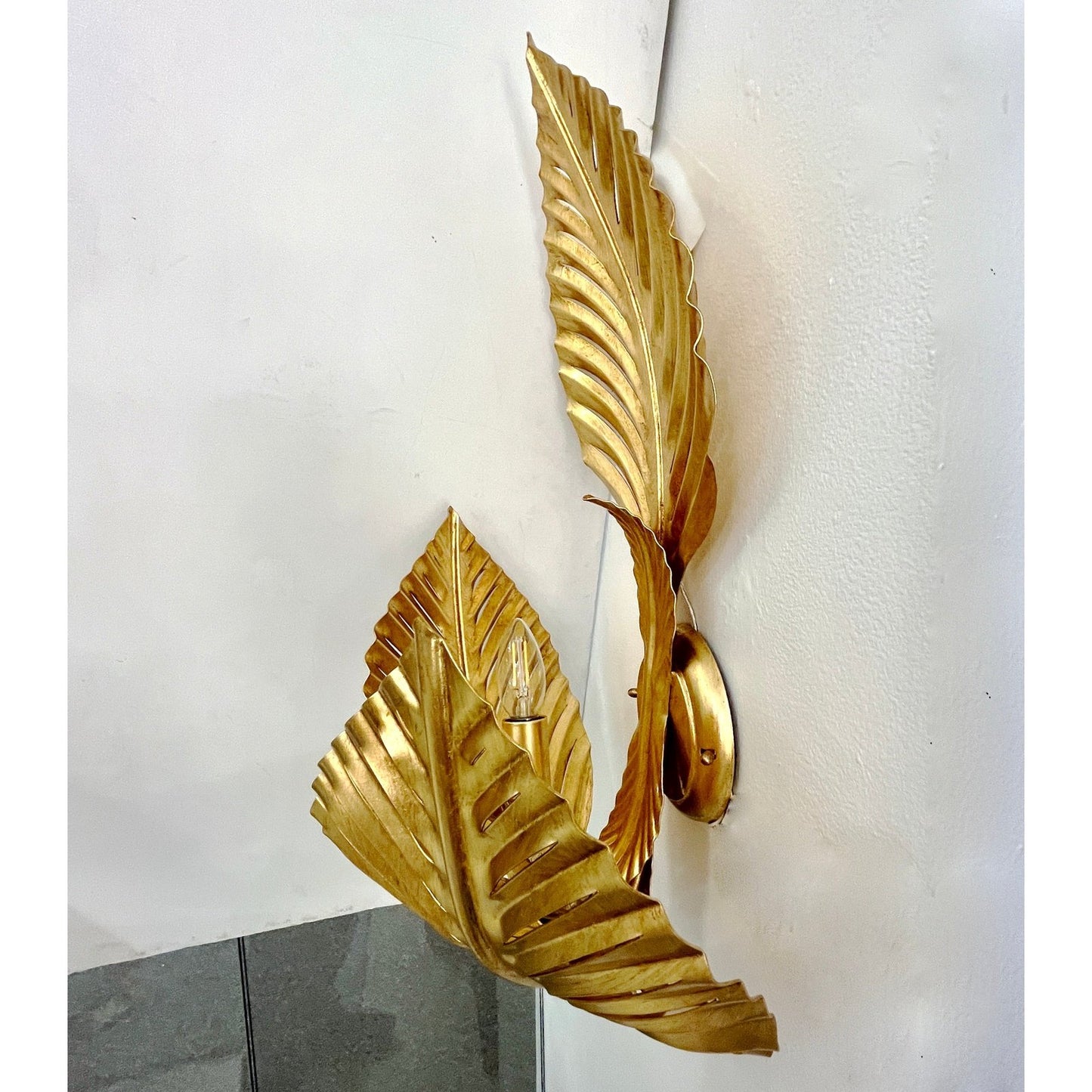 Contemporary Italian Art Deco Design Pair of Hand Made Gold Metal 3-Leaf Sconces