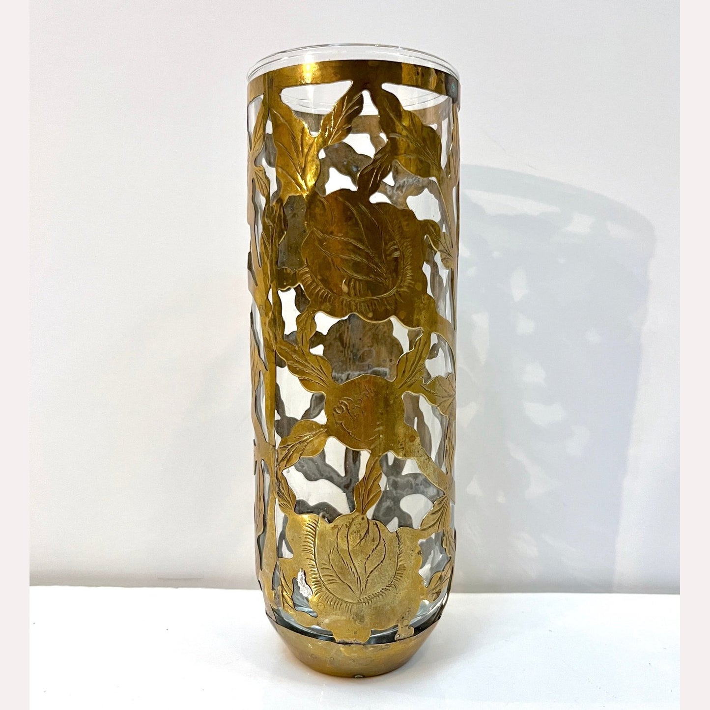 1960 Mexican Set 4 Drinking Glasses Encased in Etched Cutwork Floral Brass Decor