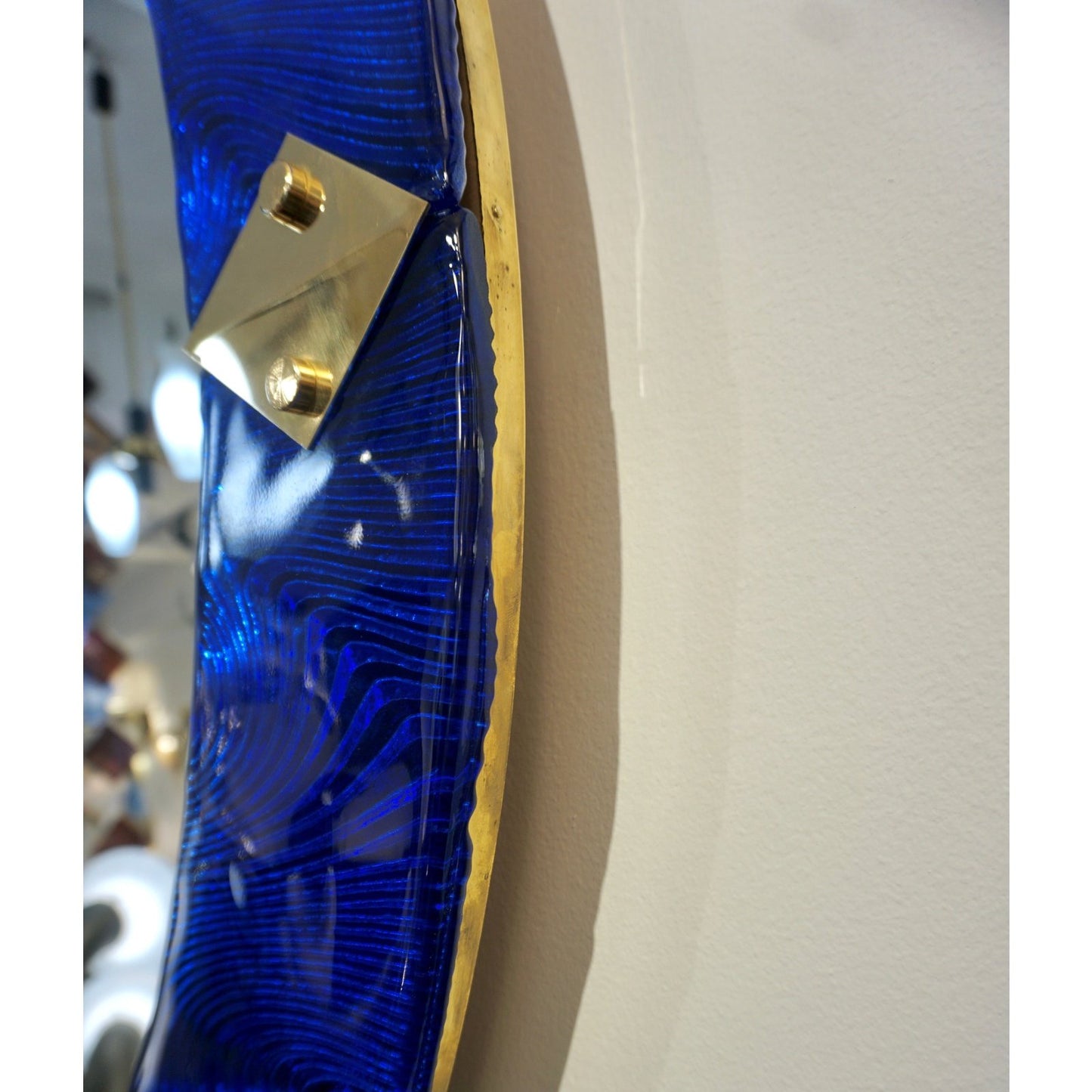 Bespoke Italian Custom Brass & Textured Cobalt Blue Murano Glass Round Mirror