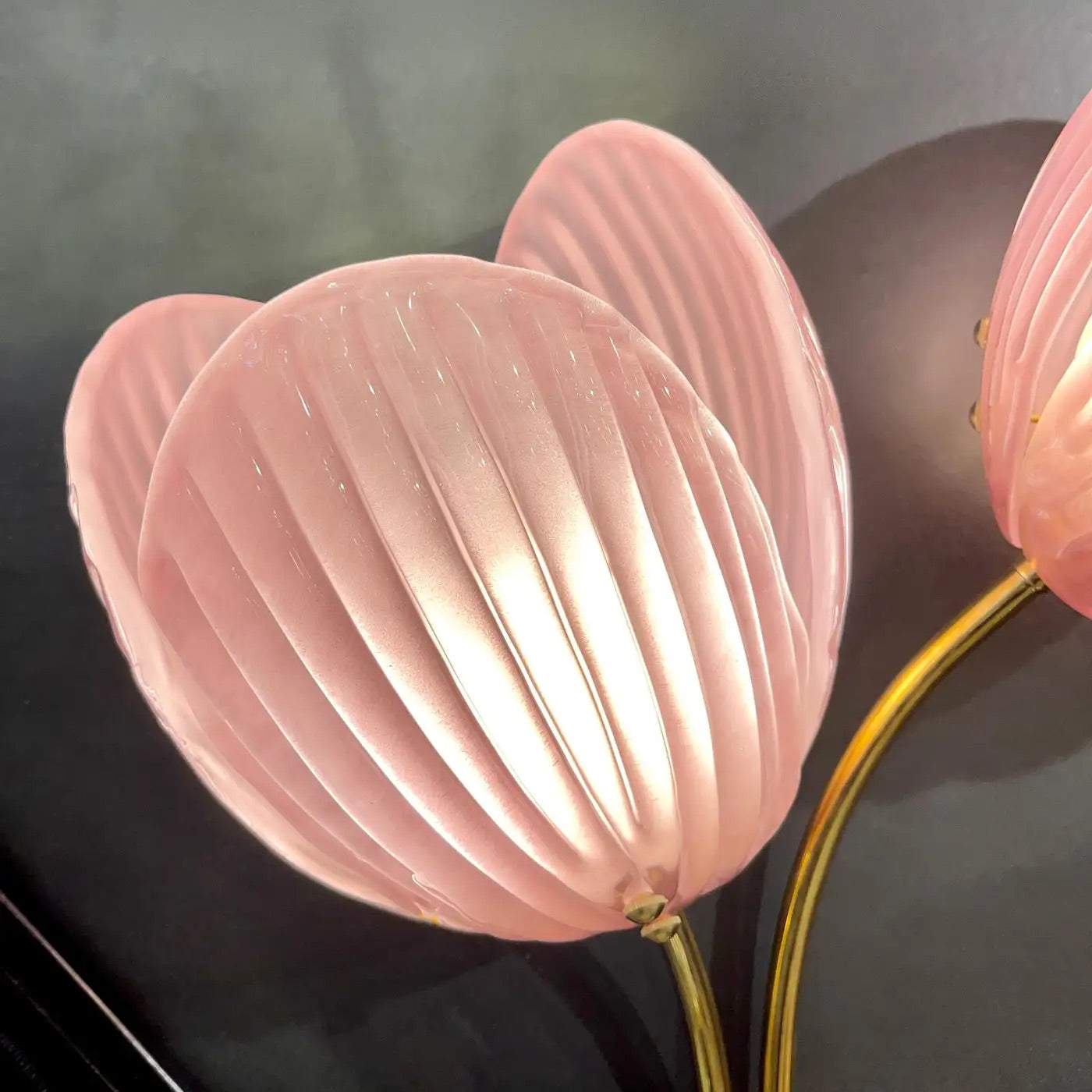 Customizable Italian 2-Branch Pink Murano Glass Tulip Flower Gold Brass Sconces