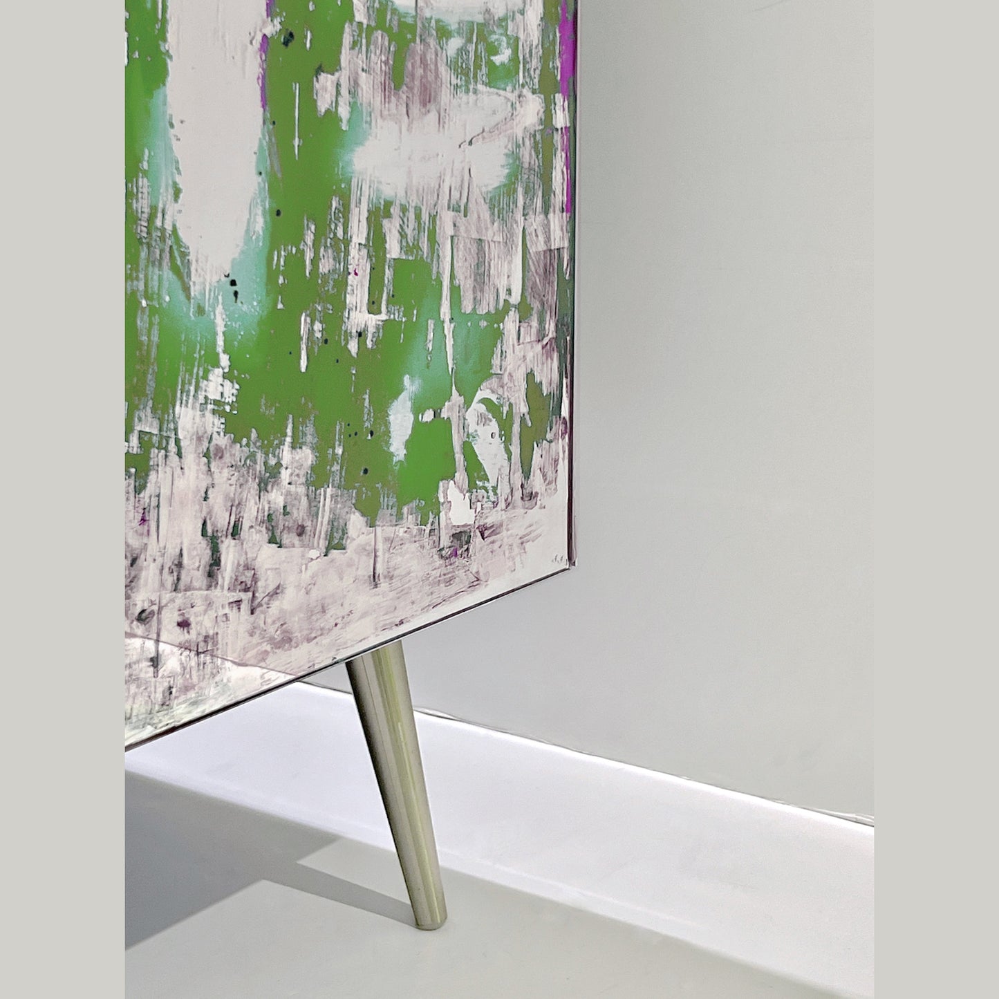 Italian Post Modern Abstract Art Green Purple Satin Nickel Finish Mirror Cabinet