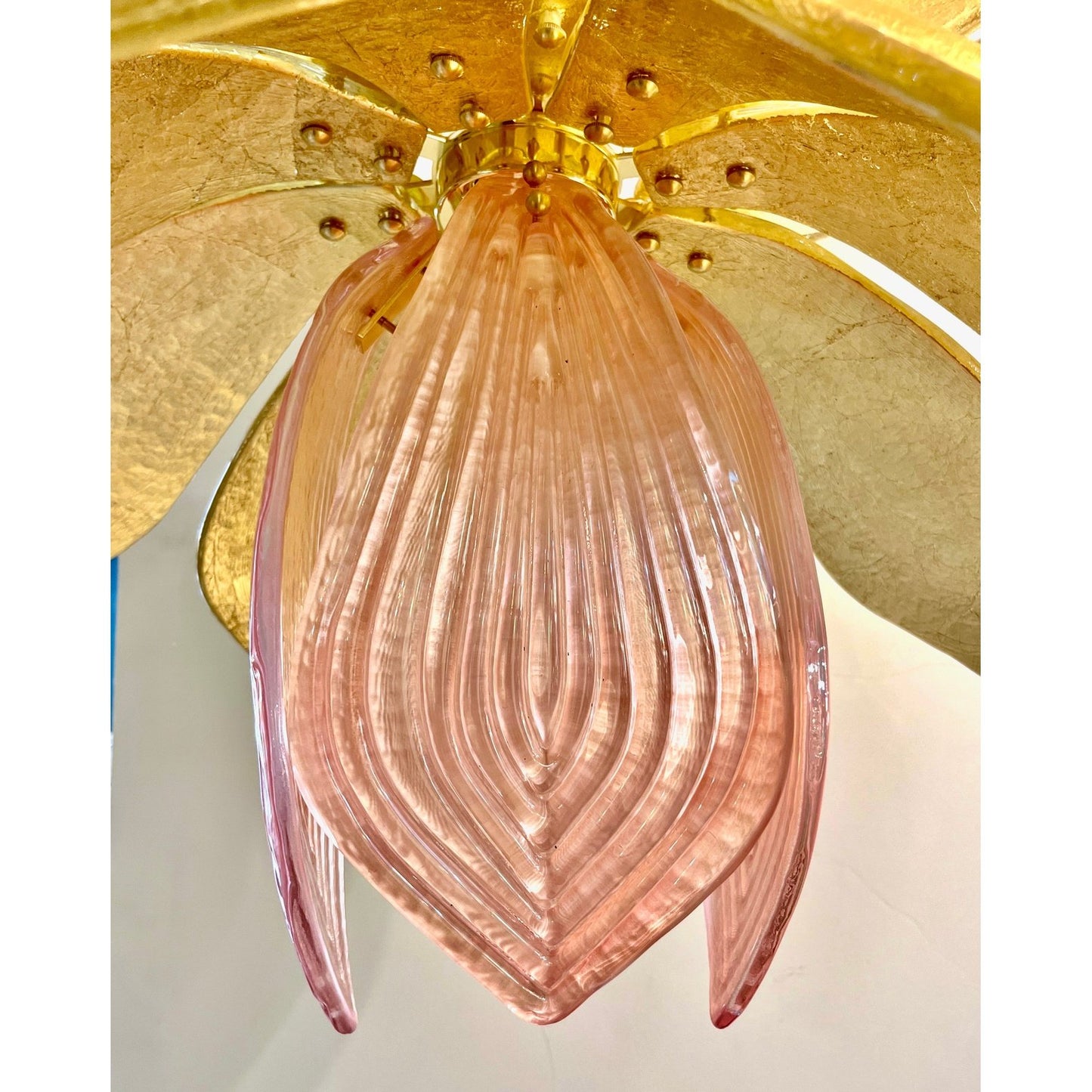 Contemporary Pair of Italian Pink Gold Murano Glass Brass Flower Chandeliers