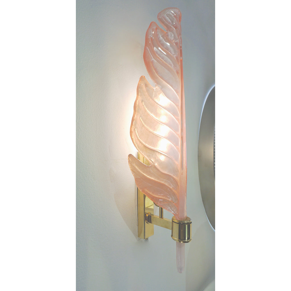 Contemporary Italian Art Deco Pink Murano Glass & Brass Feather Leaf Wall Light