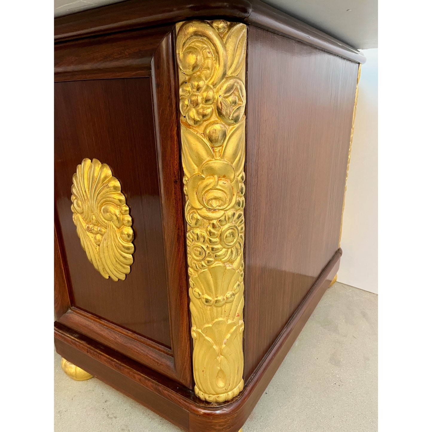1920s French Art Deco Leather Writing Top Giltwood Carving Rosewood Desk