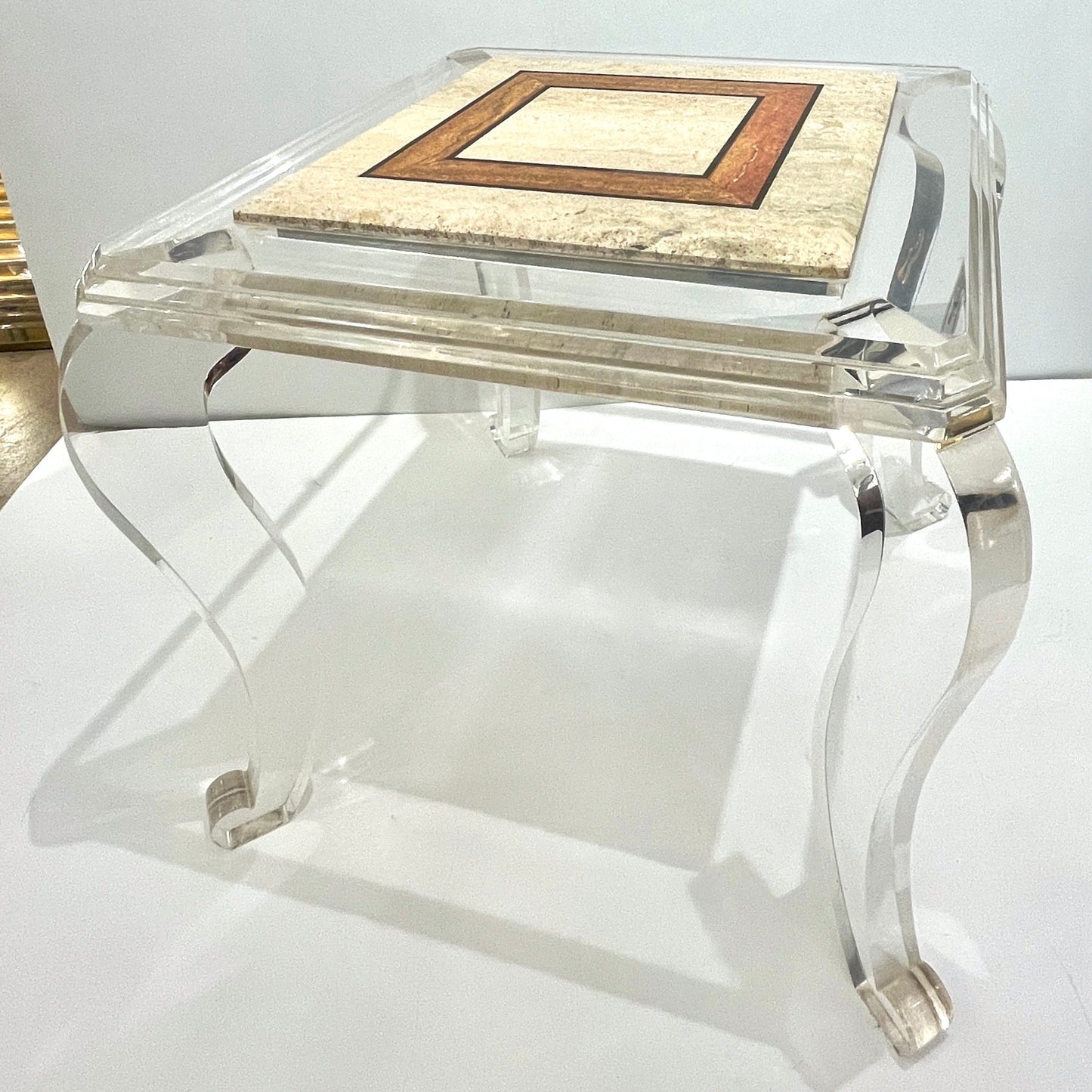1970s Vintage Italian Lucite Pair of Tables with Encased Travertine & Marble Top