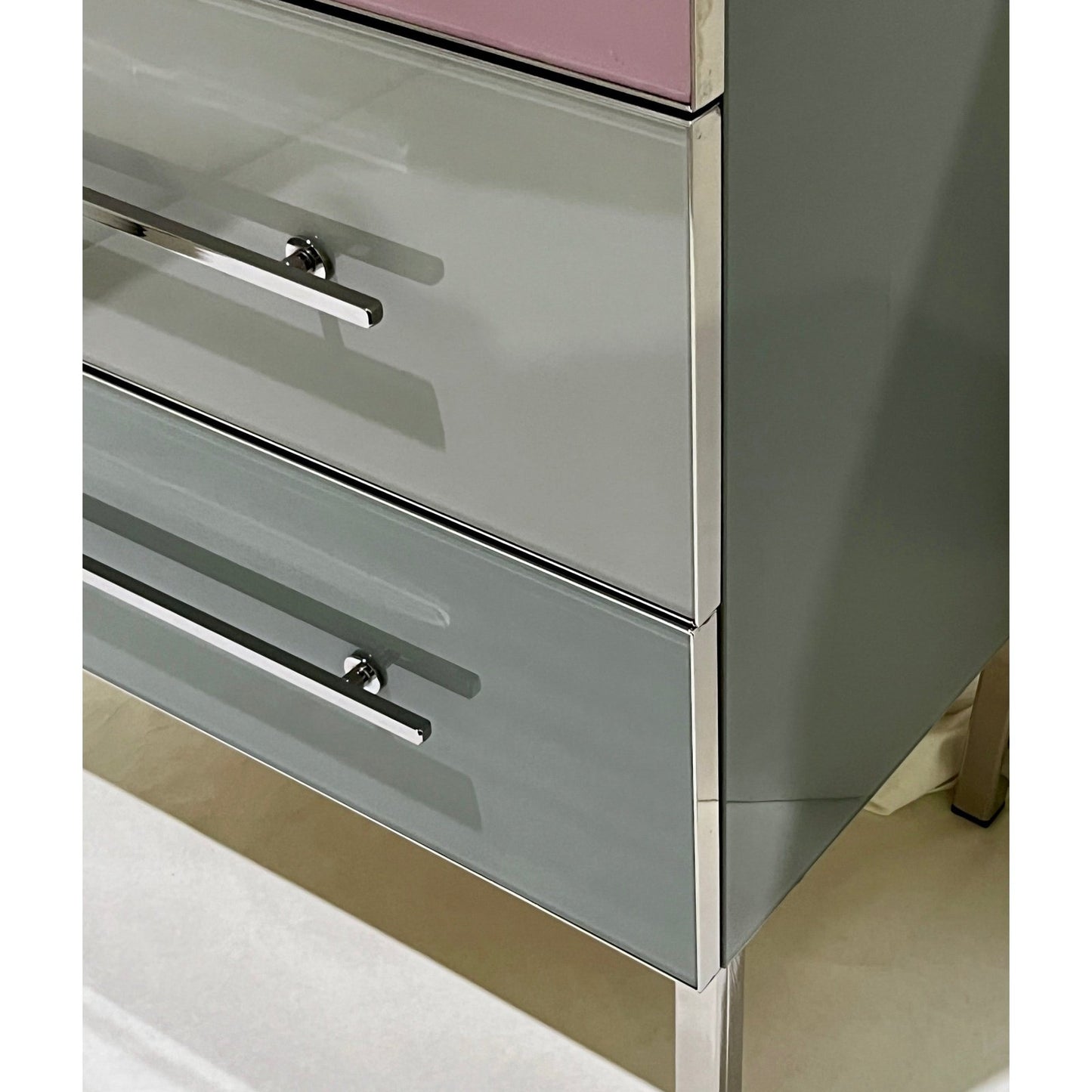 Bespoke Italian Post-Modern Pink Gray Glass 3-Drawer Nickel Chest Nightstand