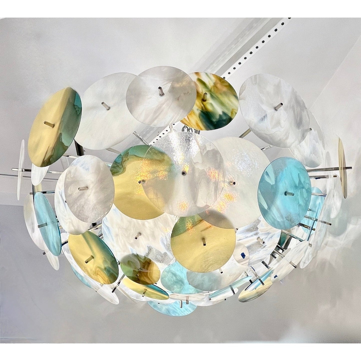 Modern Italian White Aqua Blue Yellow Murano Glass Nickel Sputnik Flushmount