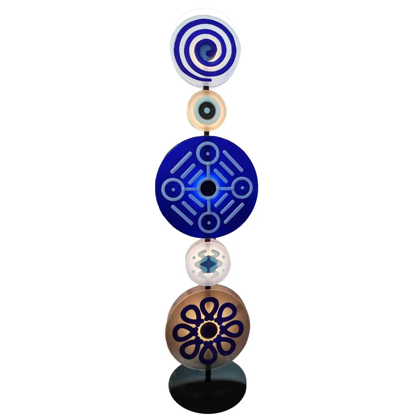 Contemporary Italian Round Green Blue Murano Glass Double Discs Totem Floor Lamp