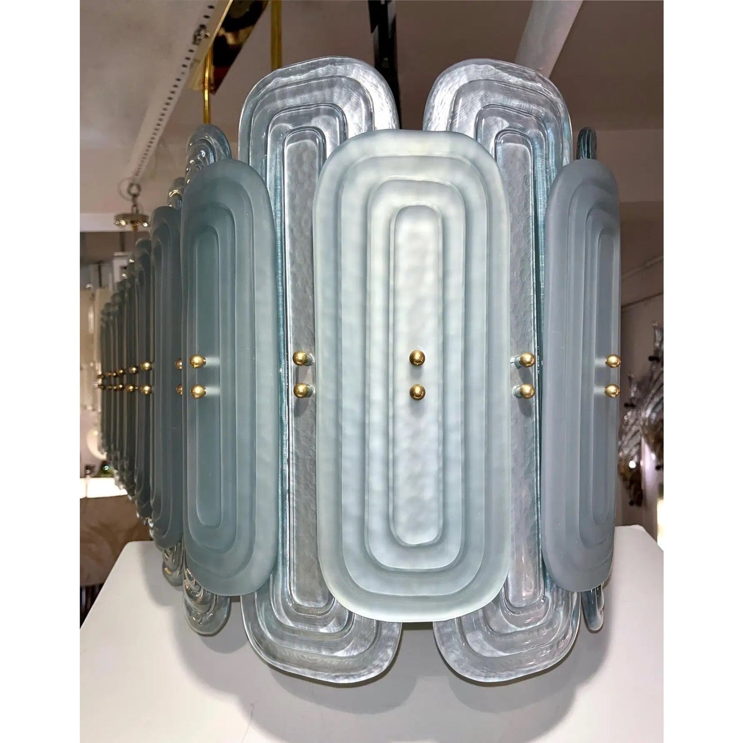 Italian Fontana Arte Style Pearl Aqua Blue Murano Glass Oval Brass Chandelier