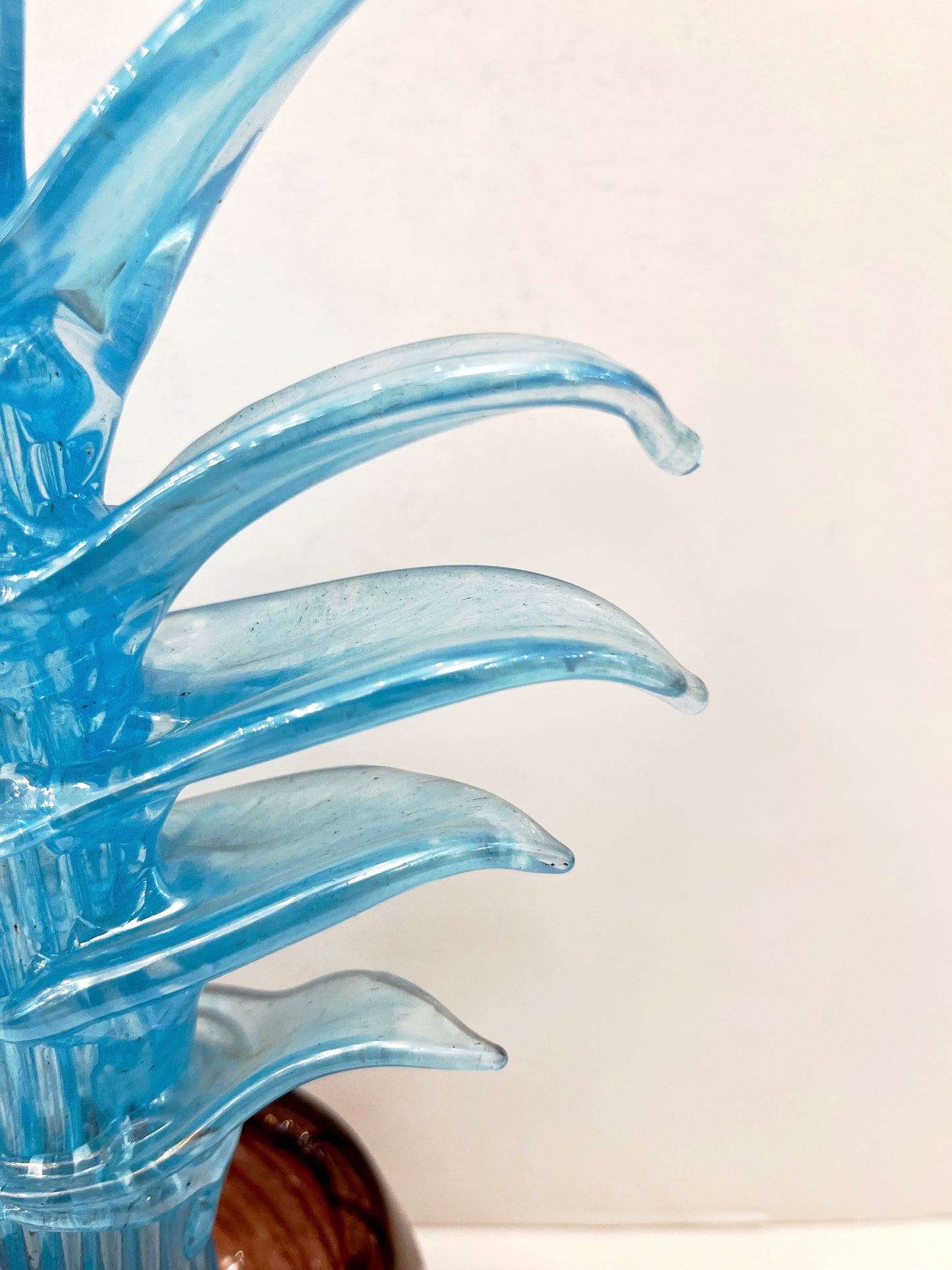 1990s Italian Sky Blue Leaves Murano Art Glass Cactus Plant in Purple Pot