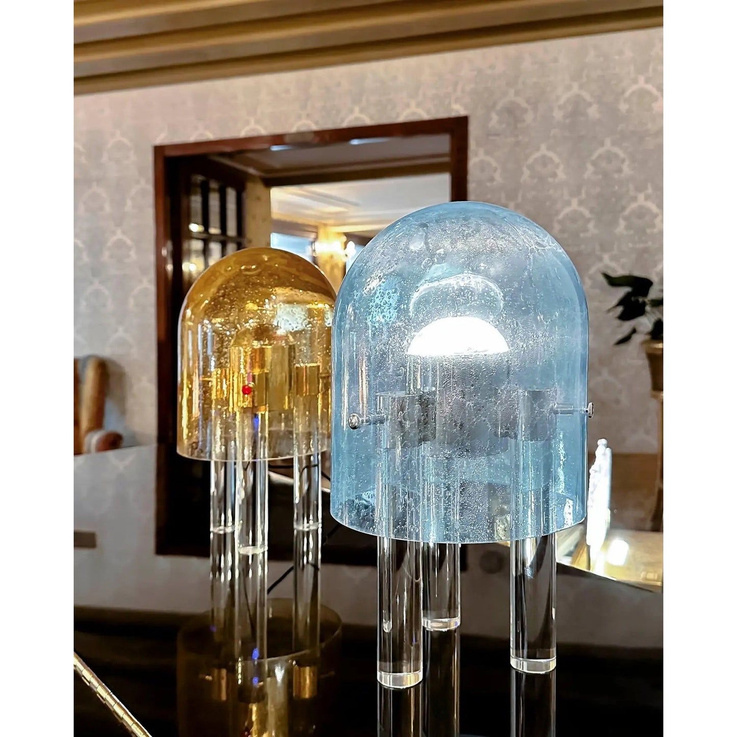 Wireless Italian Dimmable Sky Blue Murano Glass Space Age Nickel Table Lamp