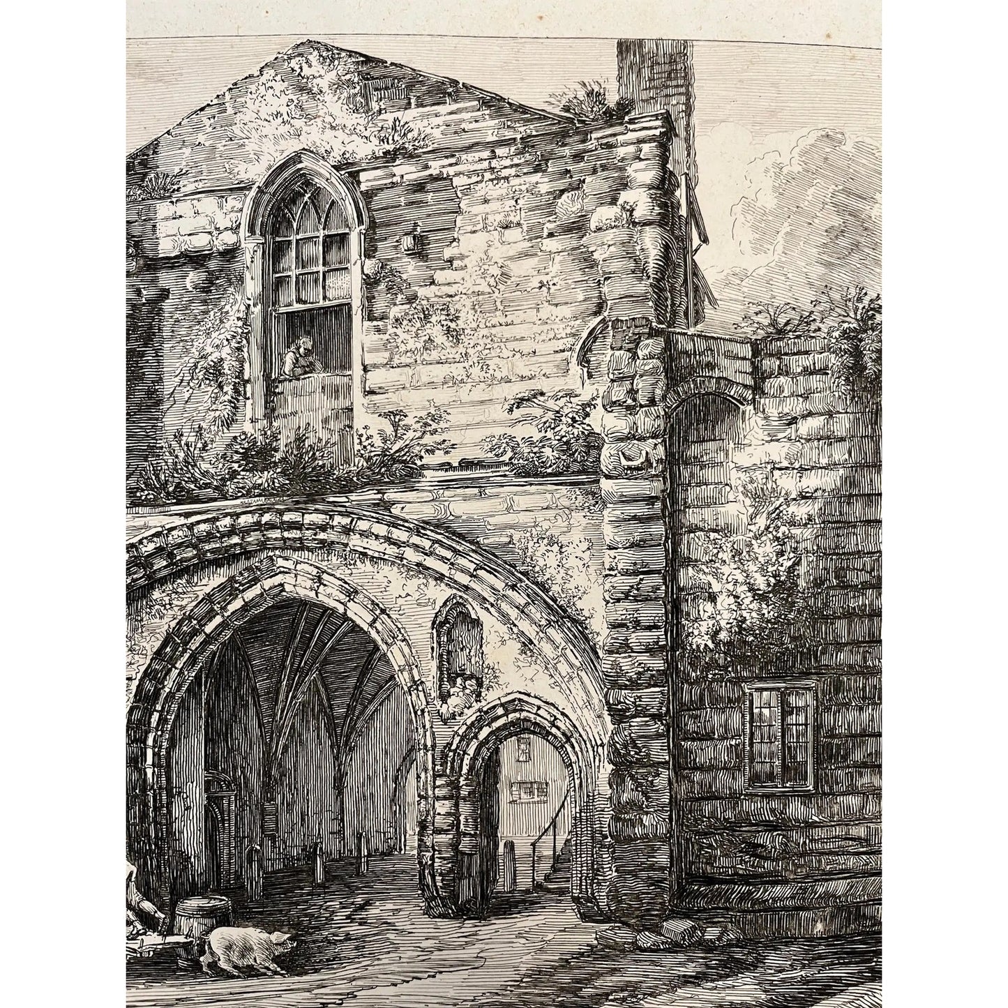 19th C. The Abbey Gate English Antique Gold Framed Green Mat Black White Etching