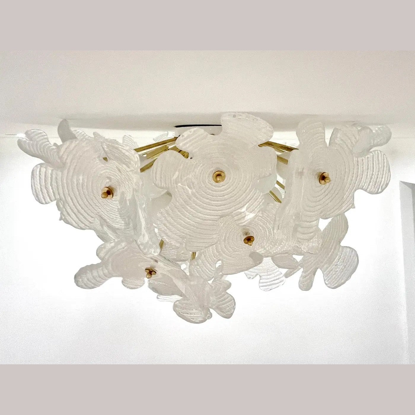 Contemporary Italian Brass & Satin White Murano Glass Flower Sputnik Flushmount