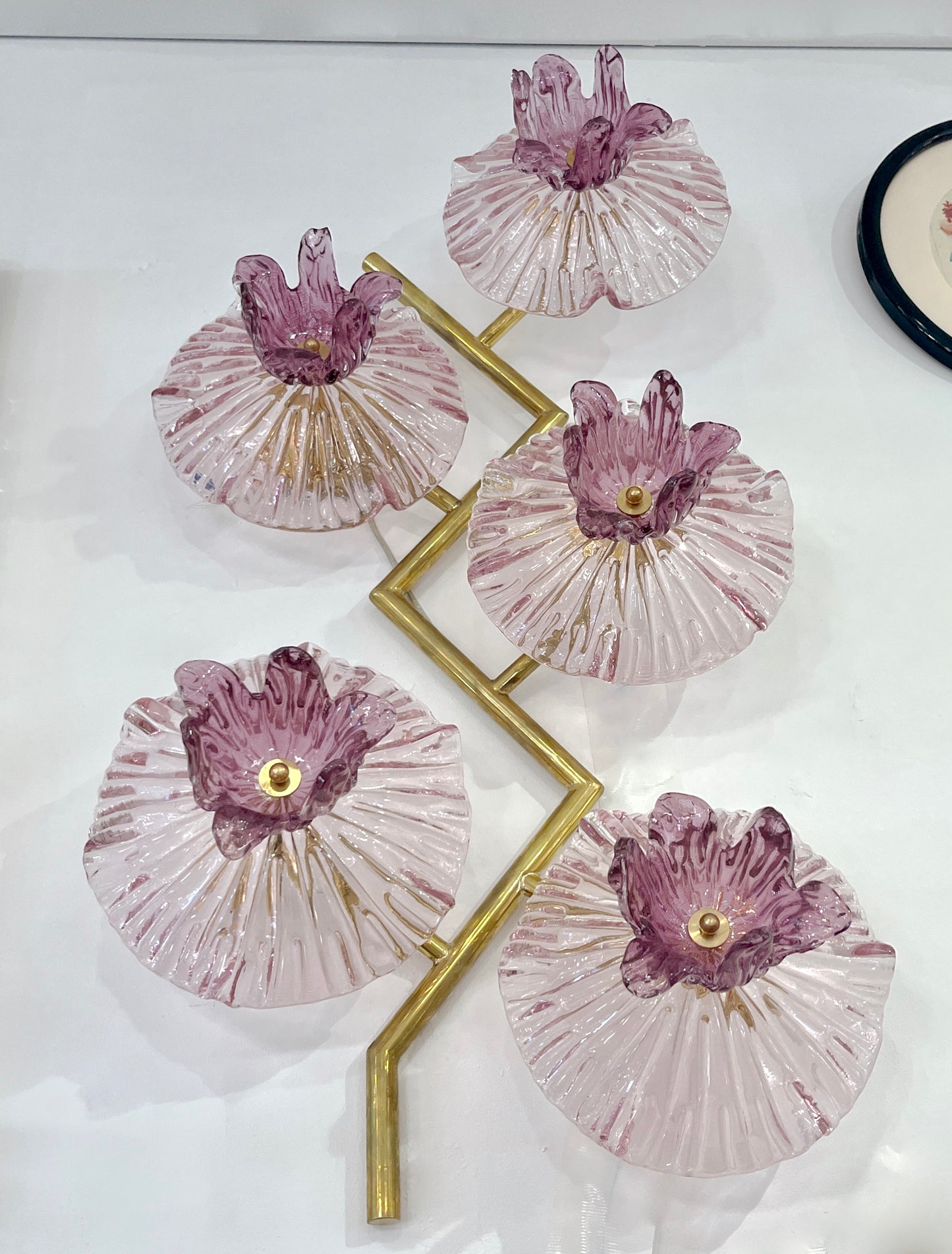 Italian Modern Pair of Pink Amethyst Murano Glass Flower Branch Wall Sconces