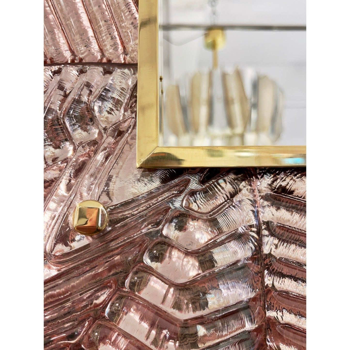 Bespoke Italian Art Deco Design Small Ruffled Pink Murano Glass Brass Mirror