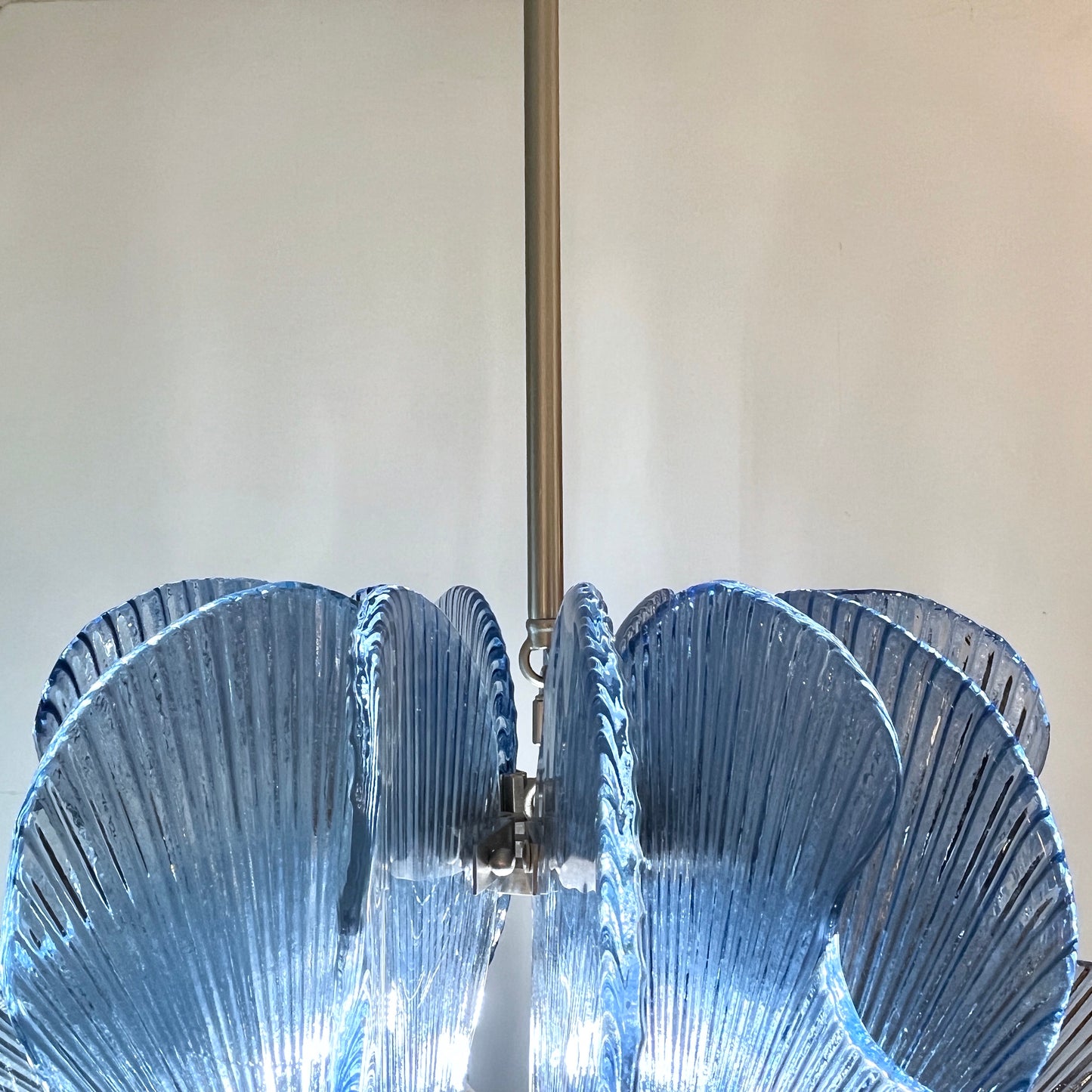 Modern Italian Wavy Blue Textured Murano Glass Satin Nickel Pendant/Chandelier
