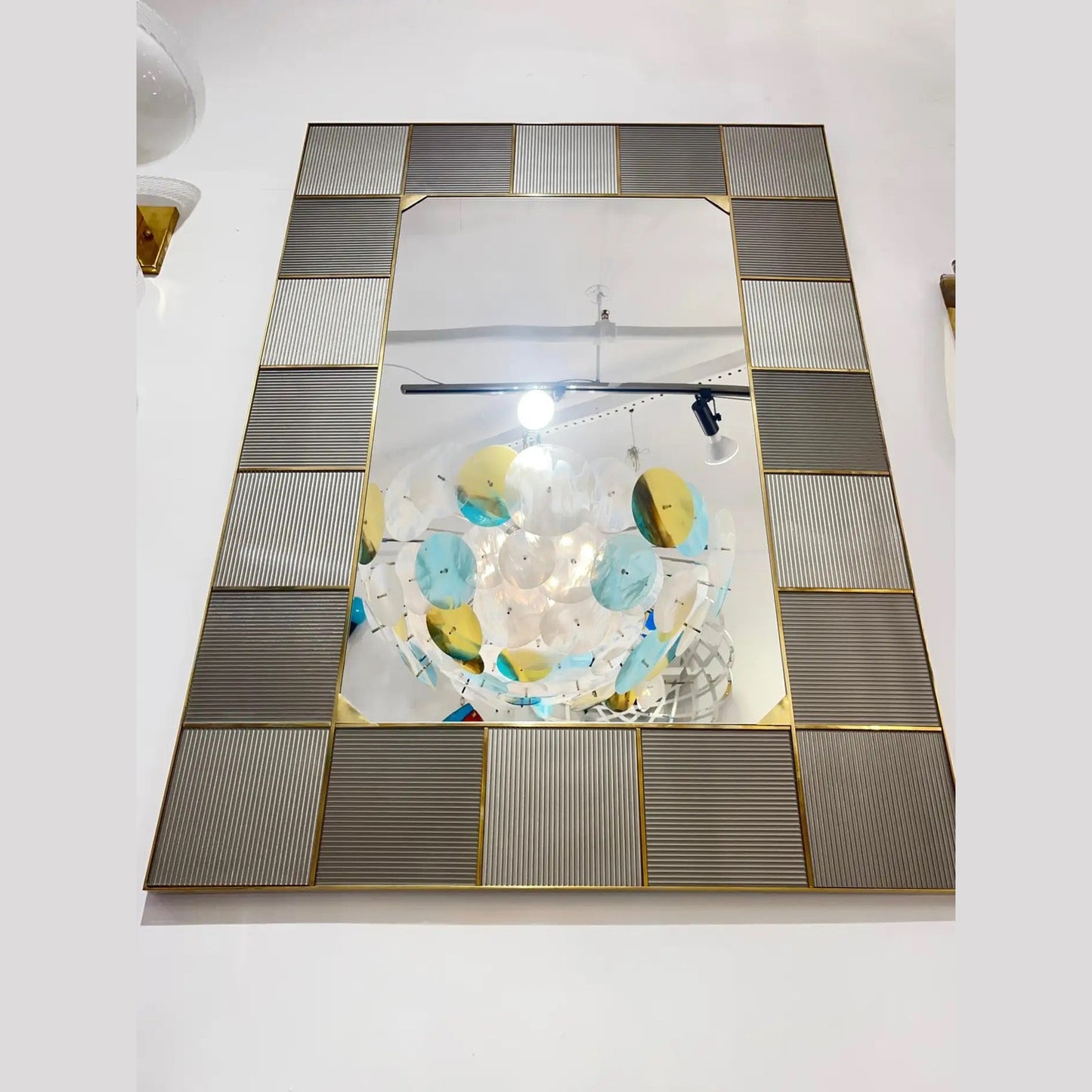 Modern Italian Art Deco Silver Gray Murano Art Glass Geometric Tile Brass Mirror