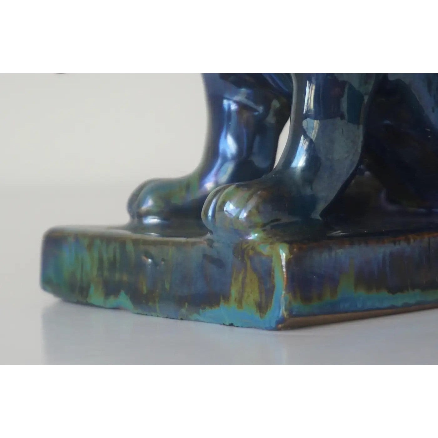 French Antique Pottery Art Nouveau Lustre Glaze Blue Green Dog Figure Sculpture