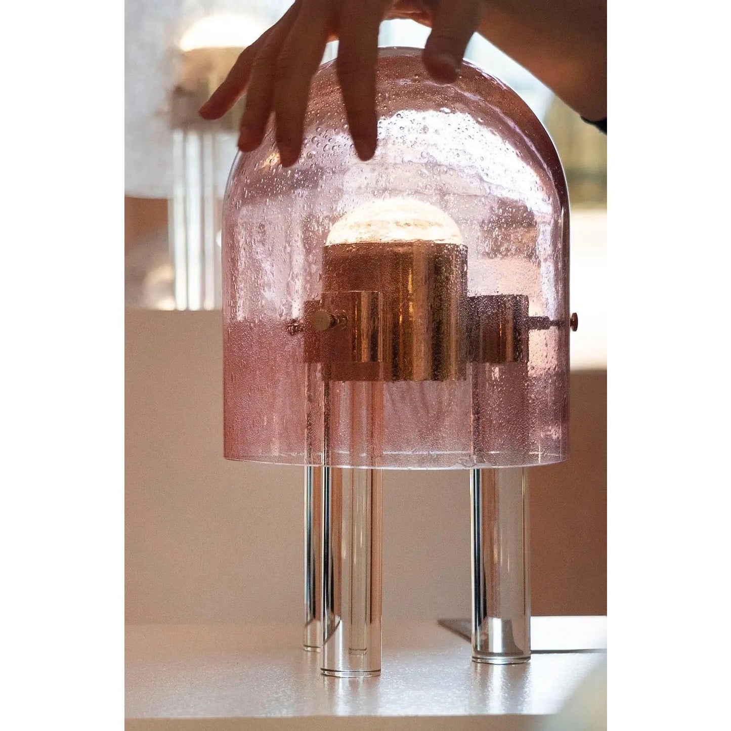 Wireless Italian Dimmable Pink Murano Glass Space Age Gold Brass Table Lamp