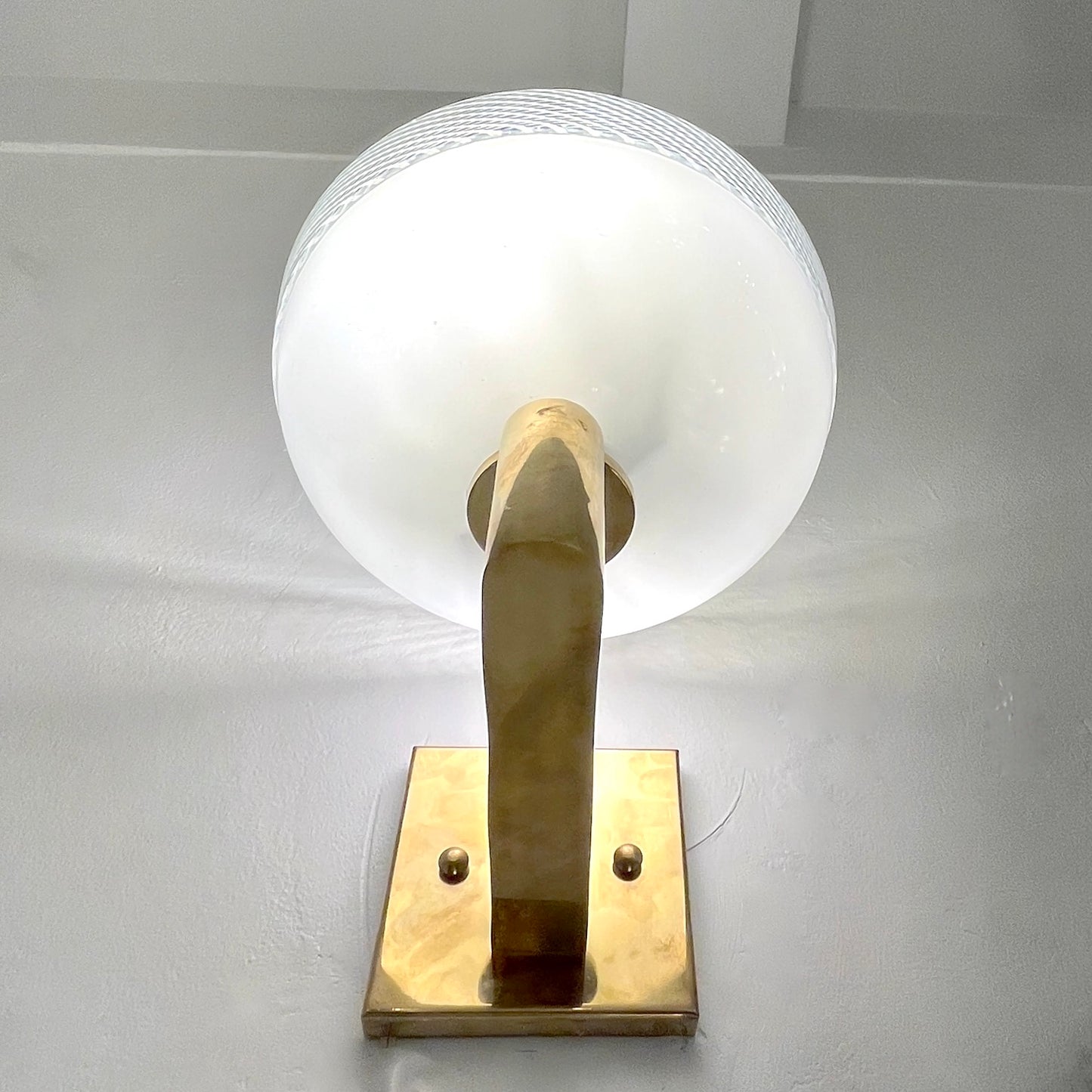 Venini 1960s Italian Art Deco Design White Murano Glass Bowl Brass Wall Lights