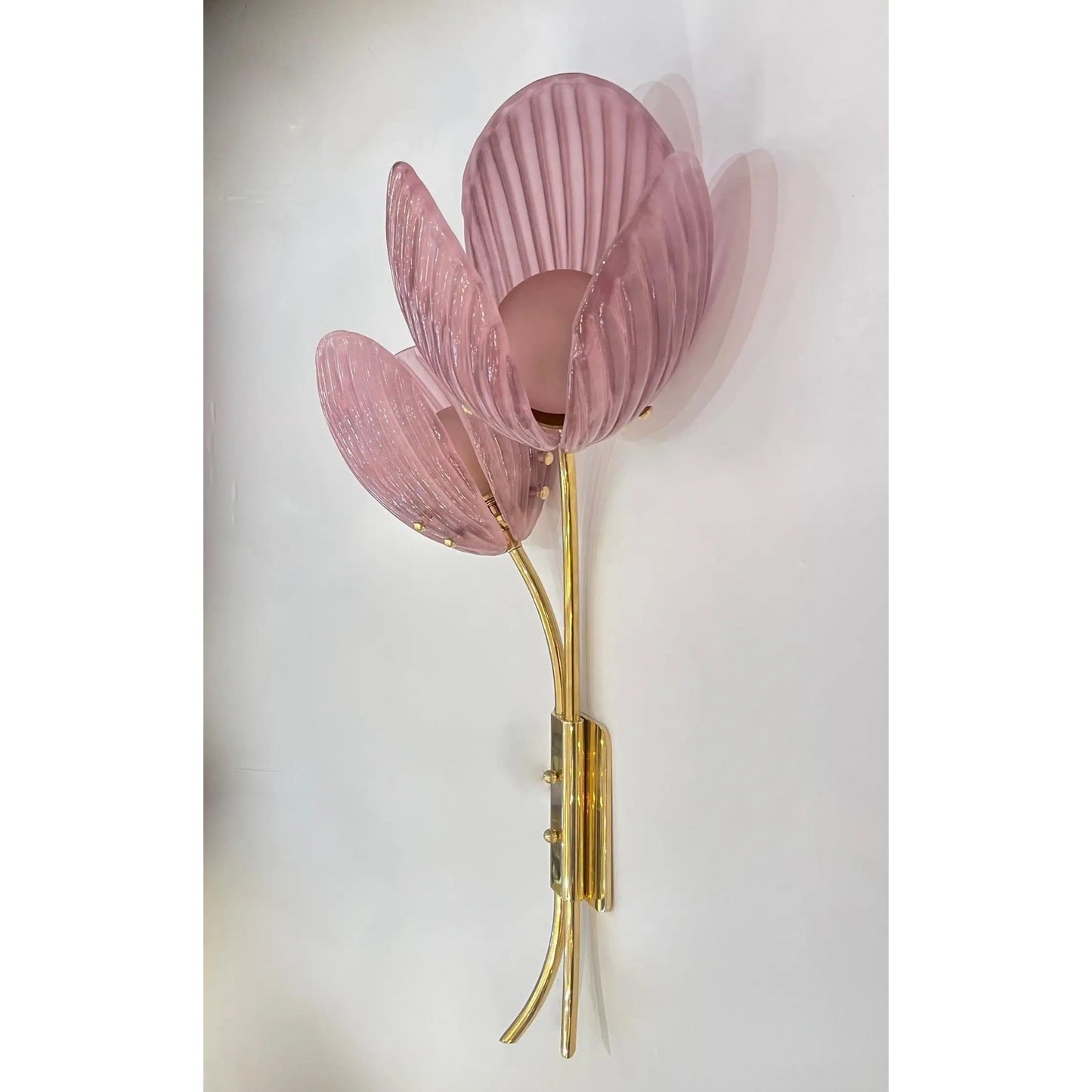 Customizable Italian 2-Branch Pink Murano Glass Tulip Flower Gold Brass Sconces