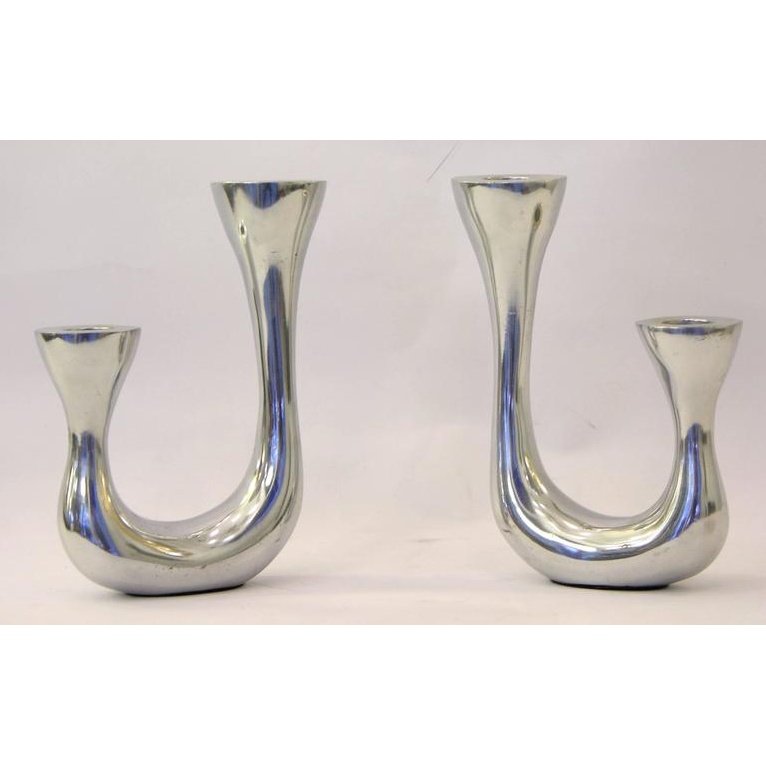 1970s Vintage Italian Pair of Polished Cast Aluminum Modern Candle Holders