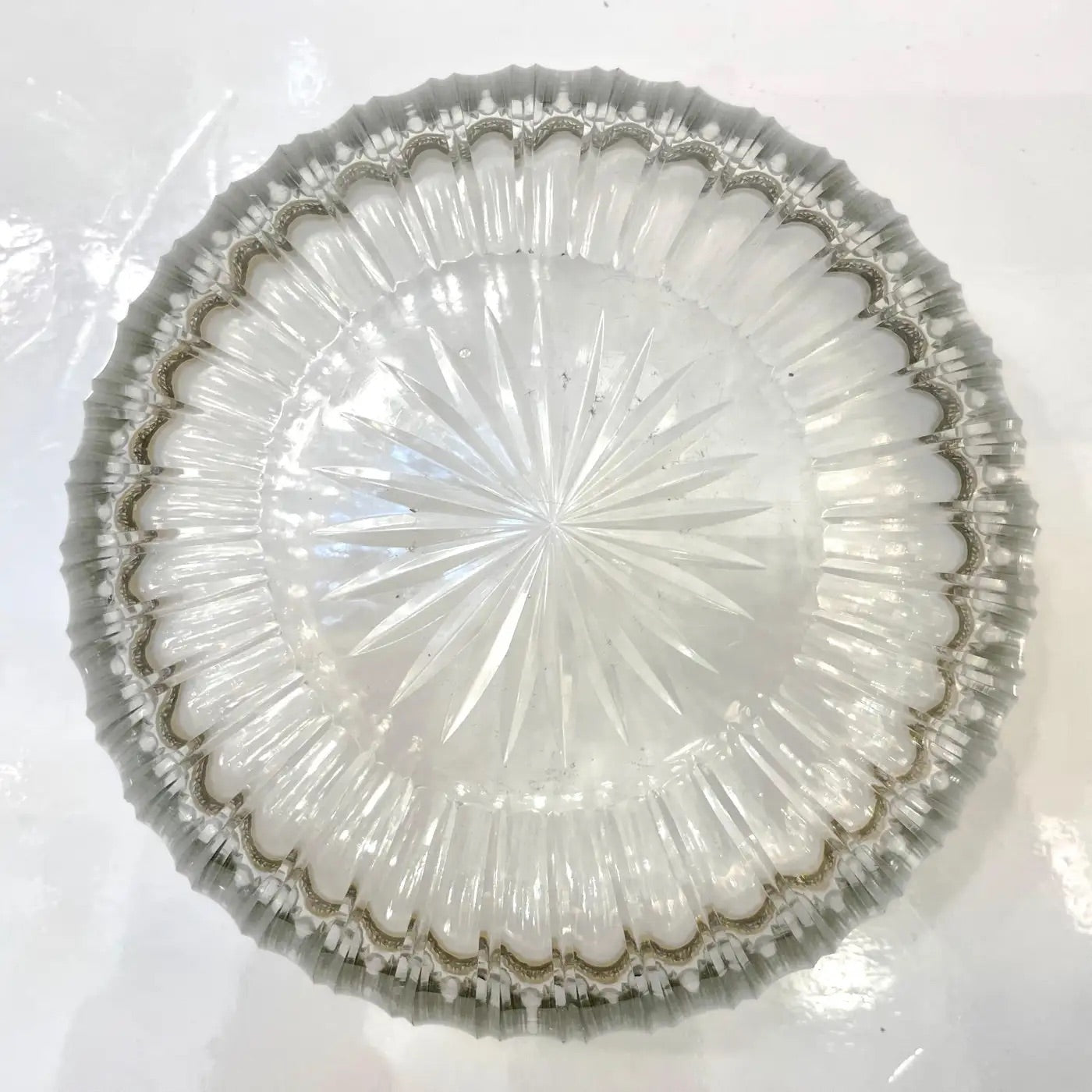 Antique French Neoclassical Foliage Decor Silver Plated Rim Cut Crystal Bowl