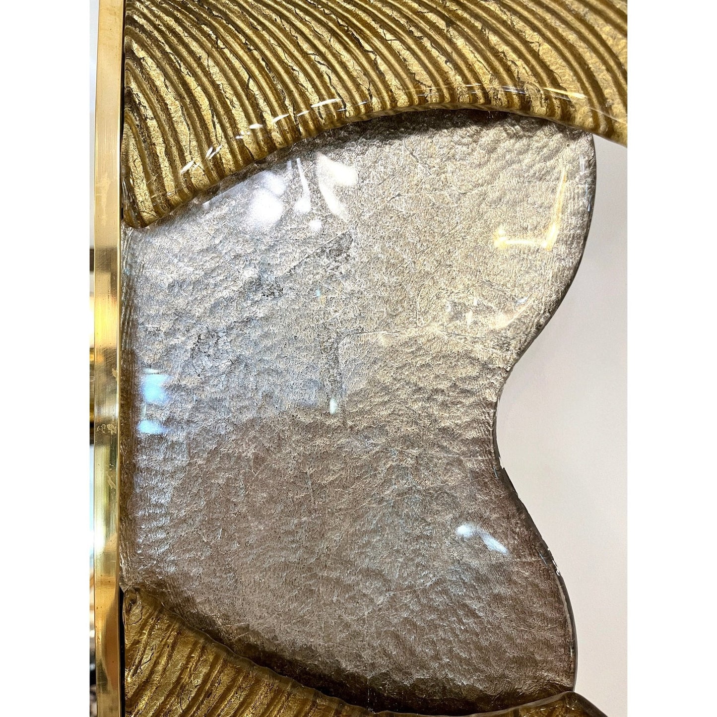 Bespoke Italian Pair of Art Deco Style Curved Leaf Murano Glass Brass Mirror