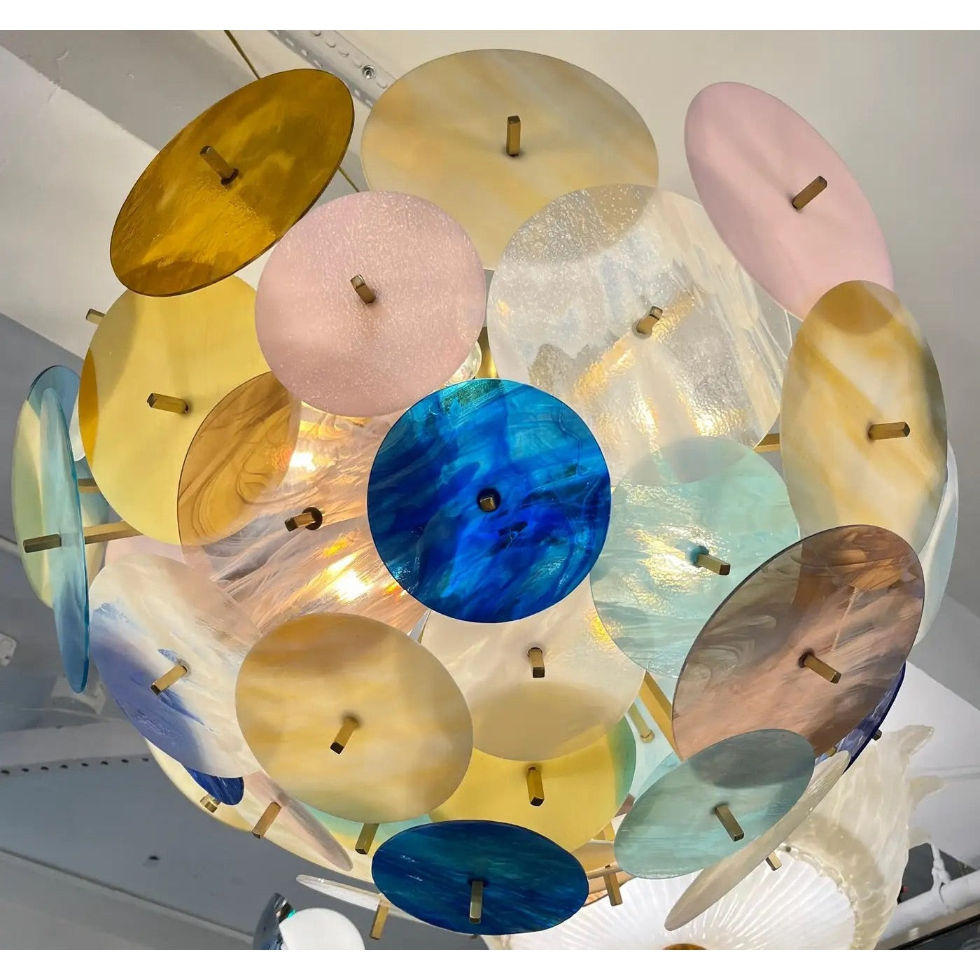 Contemporary Italian Amber White Aqua Vivid Blue Murano Glass Sputnik Flushmount