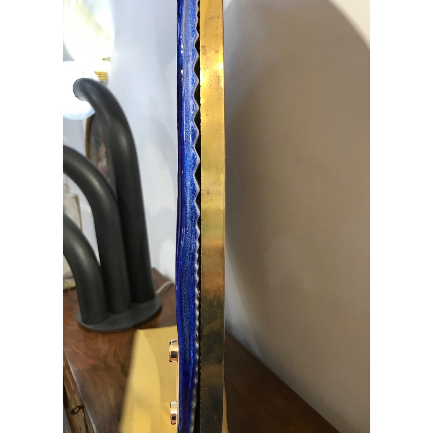 Bespoke Italian Custom Brass & Textured Cobalt Blue Murano Glass Round Mirror