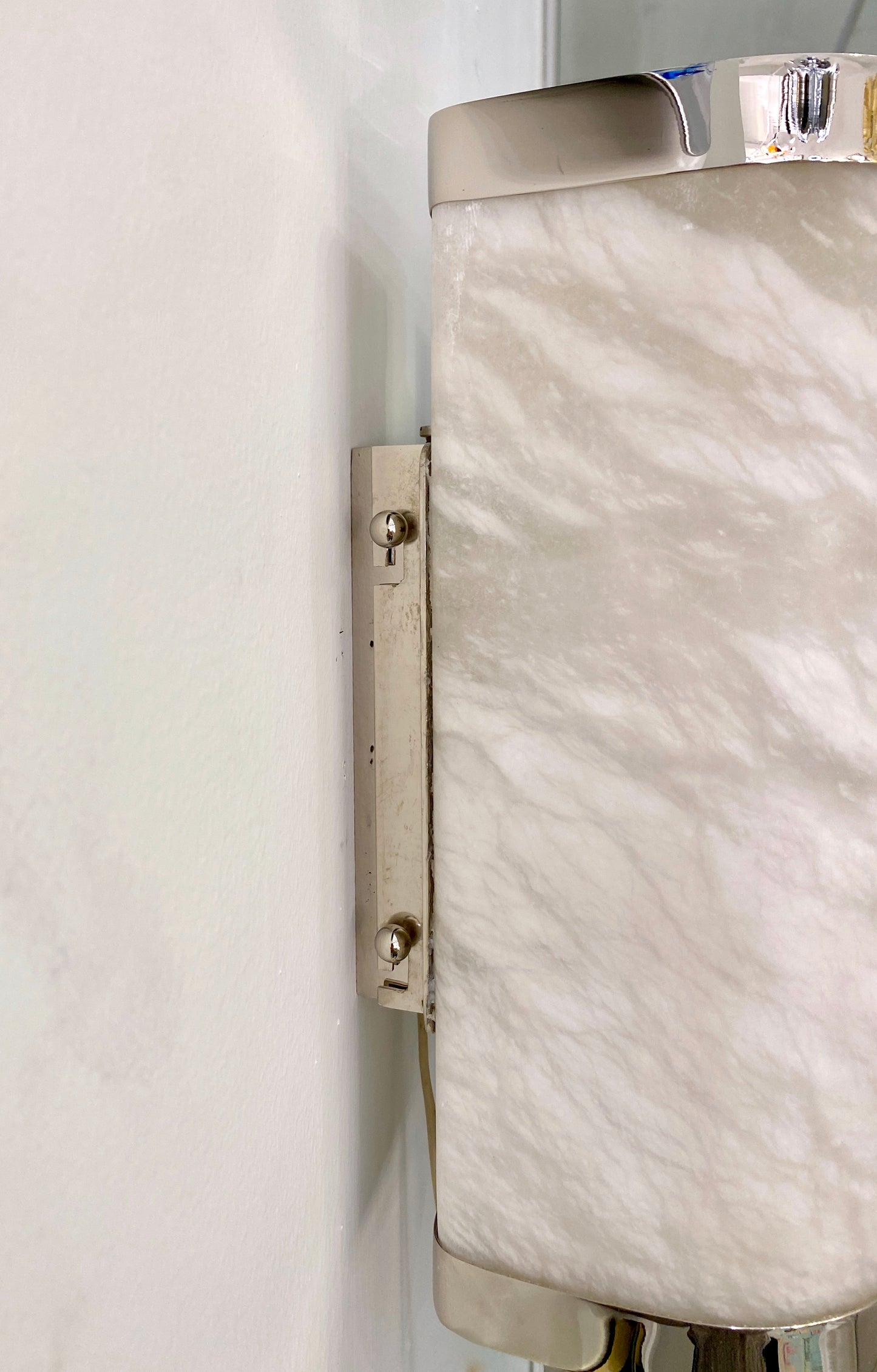 Bespoke Italian Art Deco Style Cream White Alabaster Nickel Pair Curved Sconces