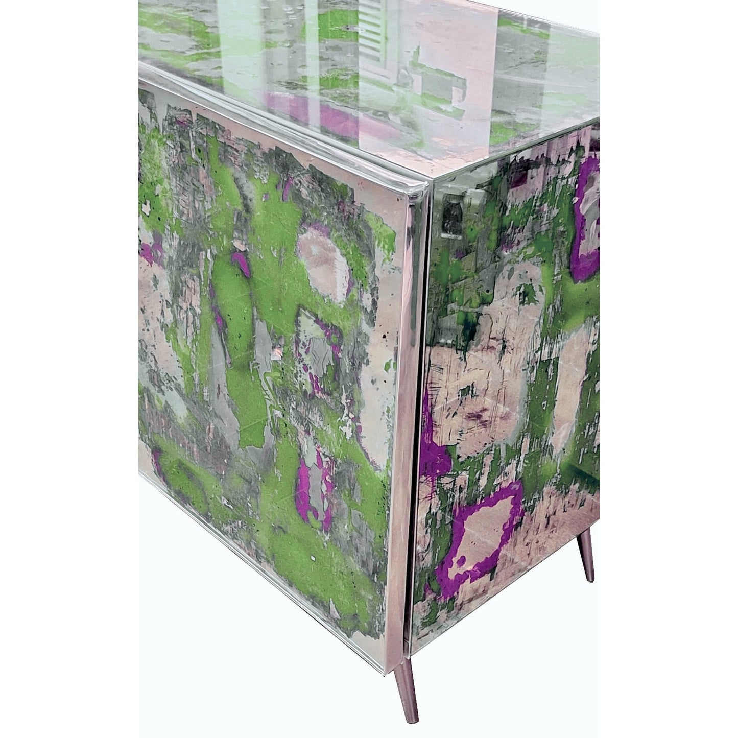Italian Post Modern Abstract Art Green Purple Satin Nickel Finish Mirror Cabinet