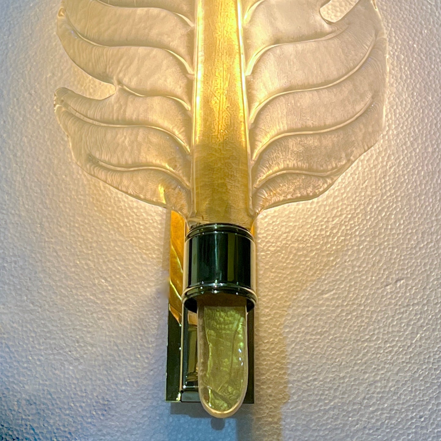 Contemporary Italian Art Deco Pair of Amber Gold Murano Glass Brass Leaf Sconces
